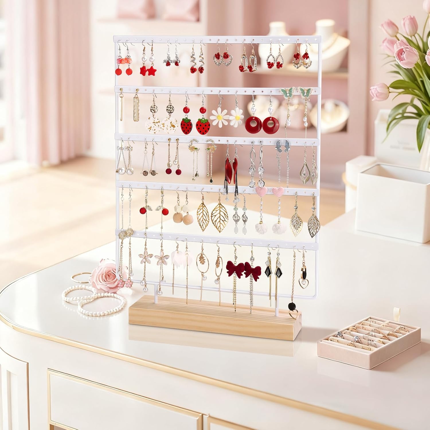 5 Tier 120 Hole Earring Holder Organizer, Rust Proof Metal and Wooden Base Jewelry Organizers and Storage for 60 Pairs of Earrings, Suitable for Home Storage and Sales Display - Image 8