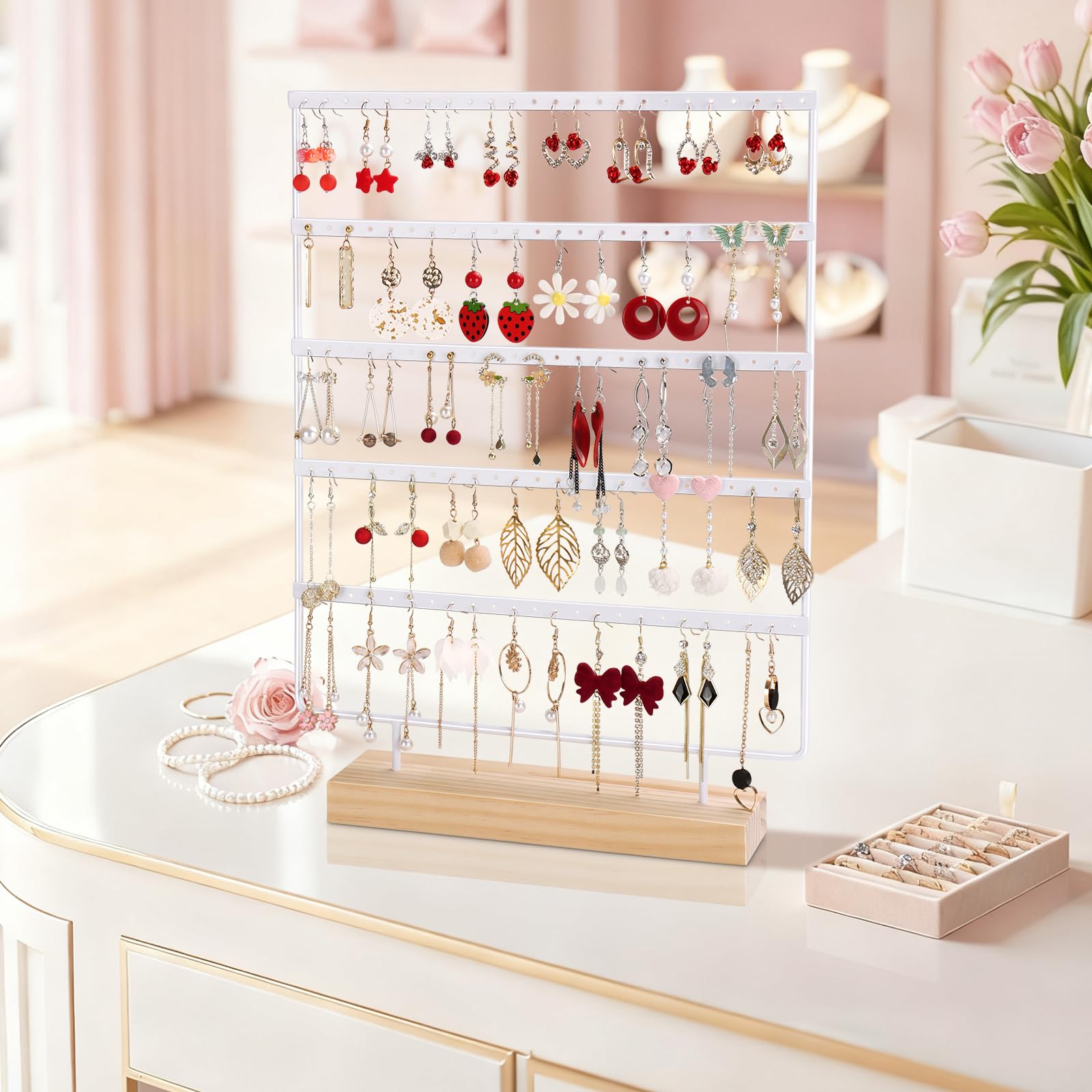 Porte Boucle D'oreille, Organisateur De Bijoux à 5 Niveaux, à 120 Trous, Presentoir Boucle D'oreille Avec Base En Bois, Boucles D'oreilles Pour Le Rangement à Domicile Ou L'affichage En Magasin