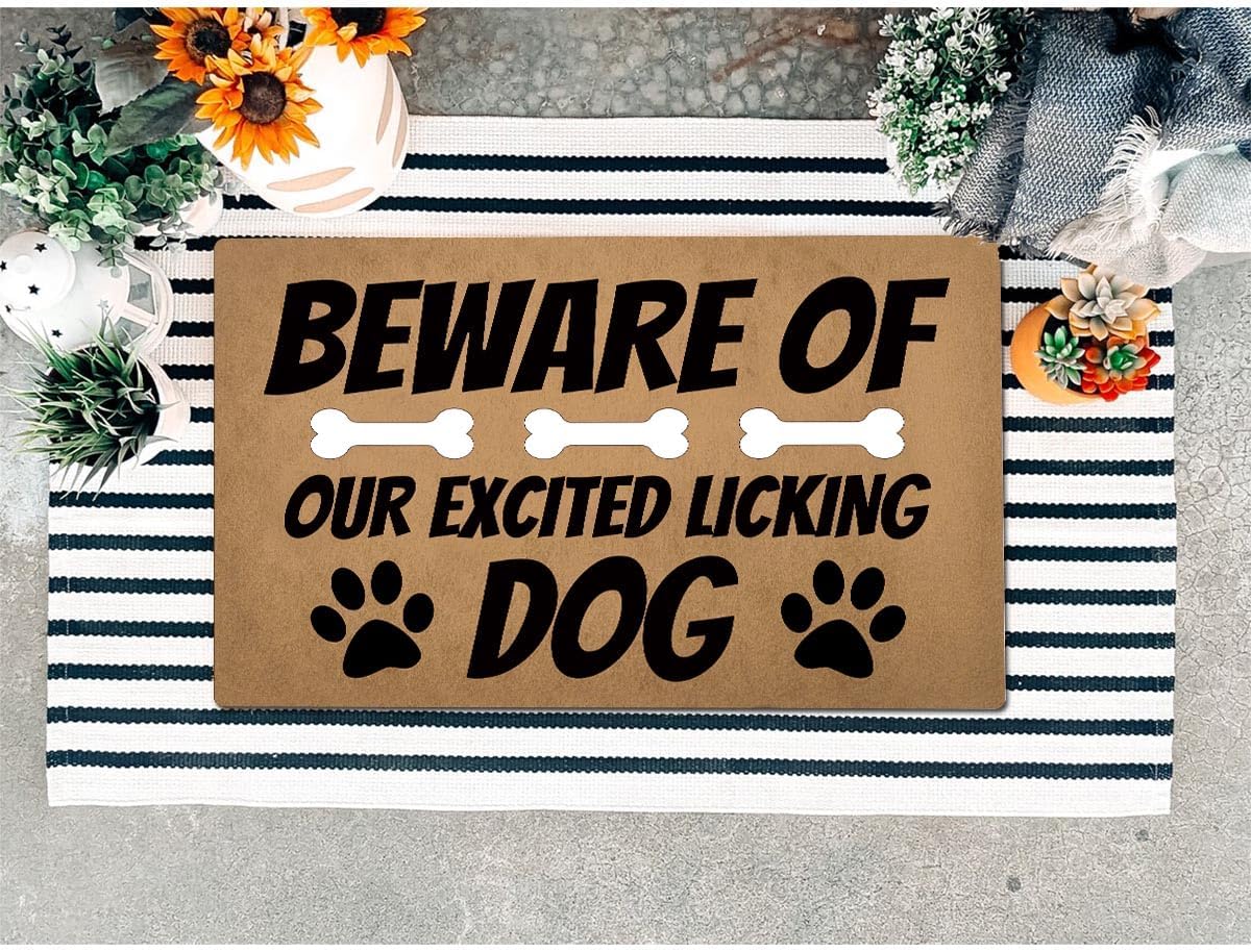 Funny Welcome Doormat for Front Door Mat House Warming Gift Rugs for Entrance Way Indoor Home Decor (23.7in X 15.6in) (Beware of Our Excited Dog)