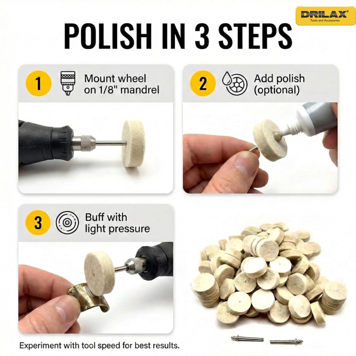Drilax 100 Pc 1 Inch Wool Polishing Buffing Wheel Kit 50% Thicker Buff Pads with 2 Mandrels Compatible with Dremel 401 Mandrel and Rotary Tools for Jewelry Metal Stone Glass Cleaning Deburring Finish
