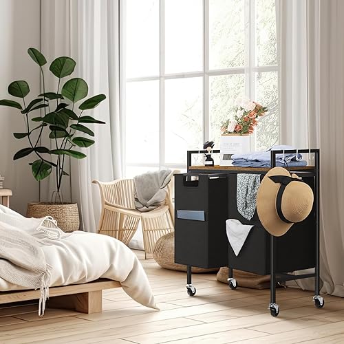 Miniatura 7 de Cesta de lavandería doble con ruedas, cesta de lavandería con estante, clasificador de lavandería con 2 bolsillos laterales adicionales para baño,