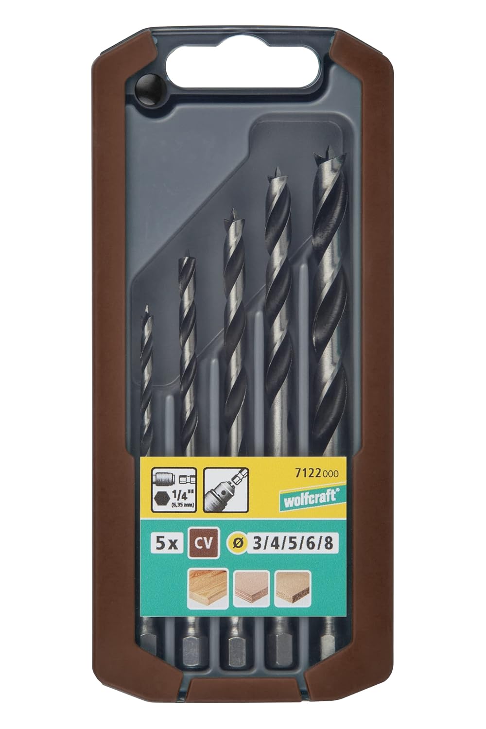wolfcraft CV Wood Twist Drill Bit Set 5 Pcs., Hexagon Shank I 7122000 I for Drilling into softwood