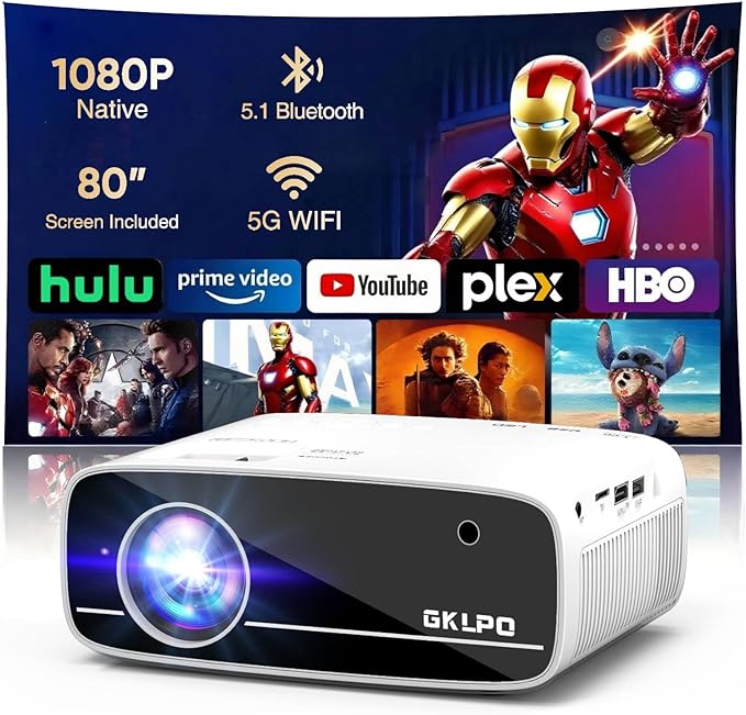 【Projector Screen Included】 4K Projector with WiFi 6 and Two-Way Bluetooth, Native 1080P Portable Outdoor Movie Projector with Electric Keystone, Mini Projector Compatible with HDMI, USB, Smartphone