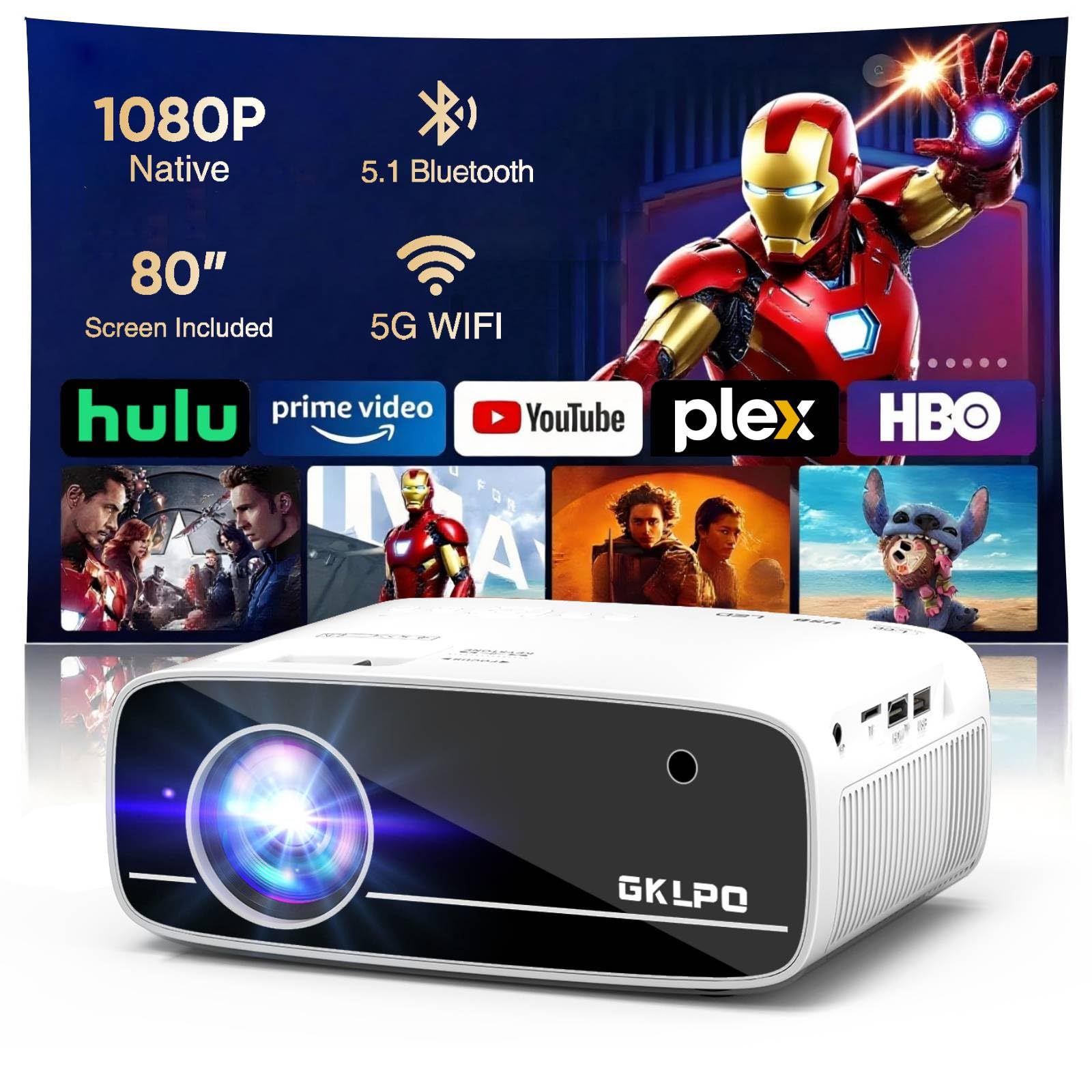 【Projector Screen Included】 4K Projector with WiFi 6 and Two-Way Bluetooth, Native 1080P Portable Outdoor Movie Projector with Electric Keystone, Mini Projector Compatible with HDMI, USB, Smartphone