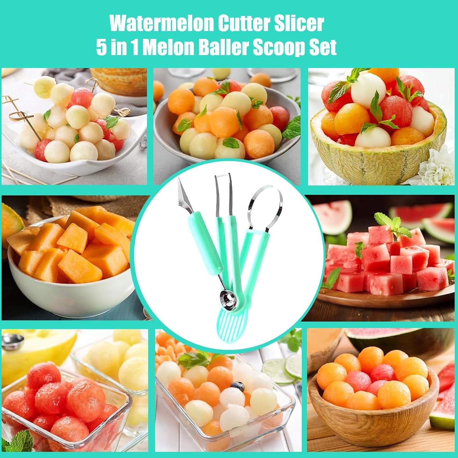 Fruit Cutter Slicer Tool Watermelon Plastic Stainless Steel Melon Baller Scoop Kitchen Scooper Gadget Kit for Making Juice Fruit Salad