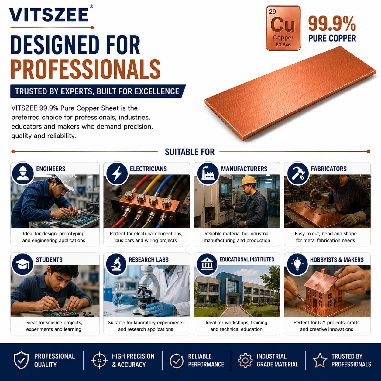 VITSZEE 99.9% Pure Copper Cu Metal Sheet Plate 150 x 50 x 0.5 mm | Premium Copper Strip for DIY Crafts Electrical Conductivity Engineering Science Projects Welding Hobby Art & Industrial Applications 4