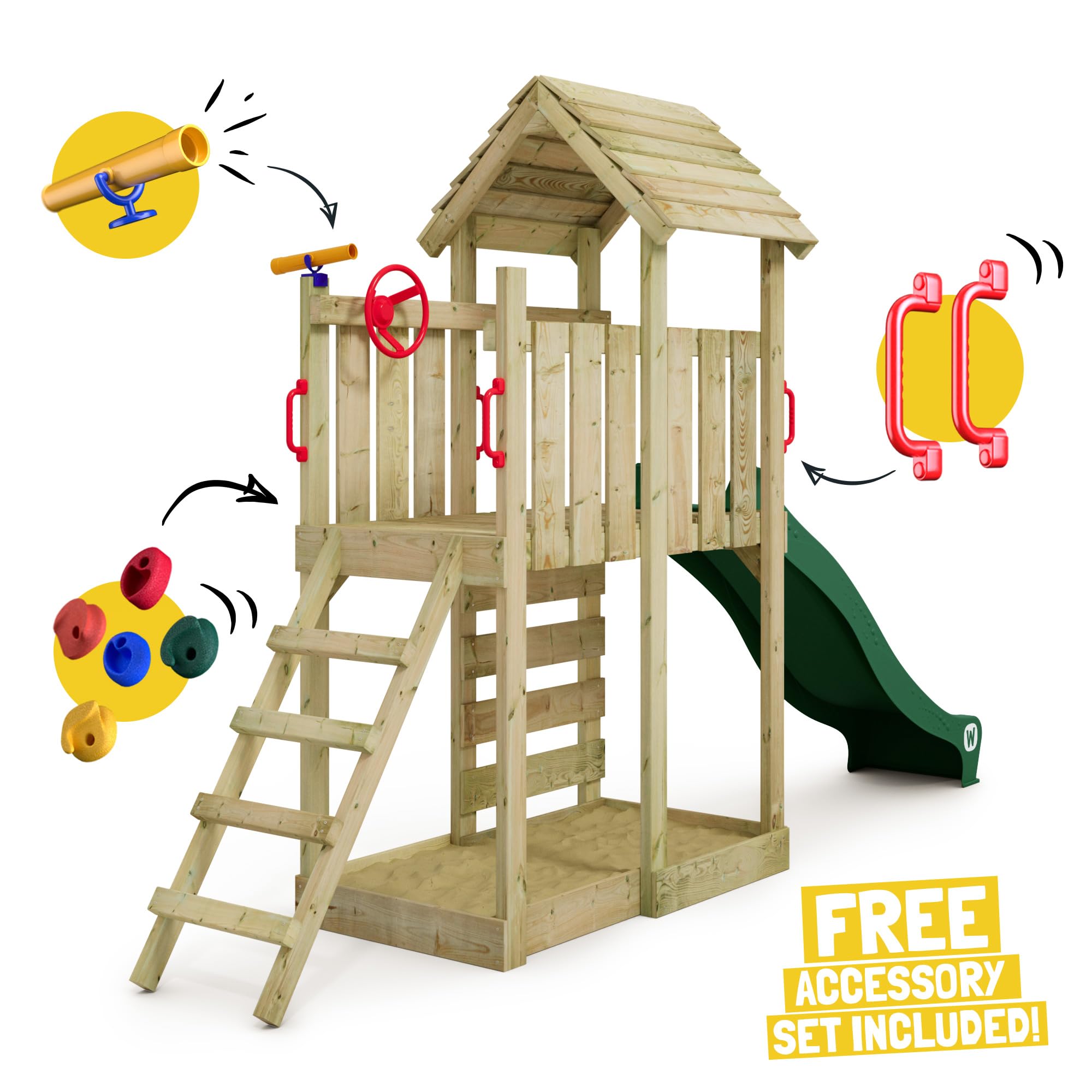 Gioco da giardino WICKEY JoyFlyer con tetto in legno e scivolo verde, struttura da esterno per bambini con sabbiera, scaletta e accessori da gioco