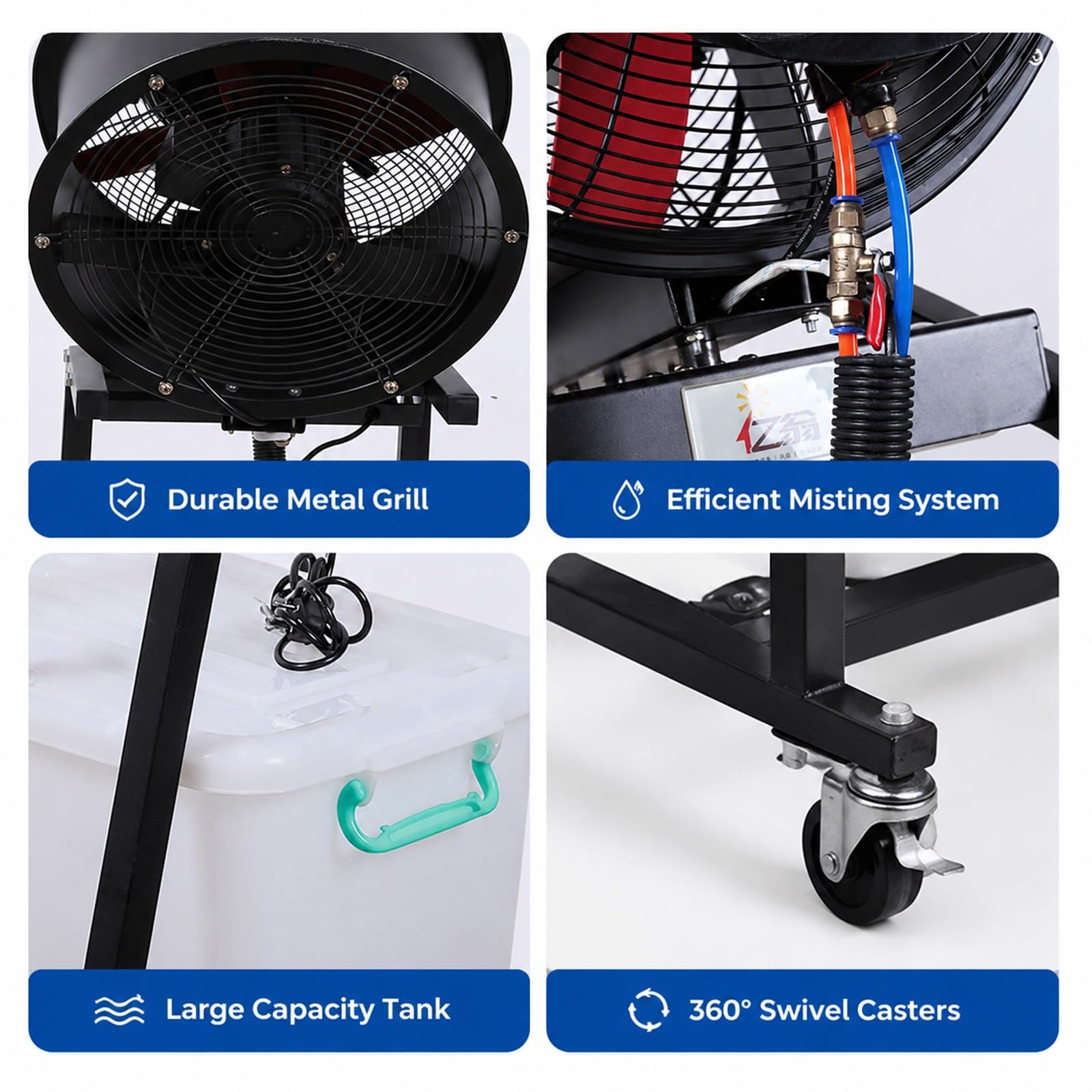 Ventilador Nebulizador Industrial Portátil para Uso Comercial | Depósito 50L, Ruedas 360°, Motor de Cobre, Oscilación 90°, Refrigeración Exterior y Comercial