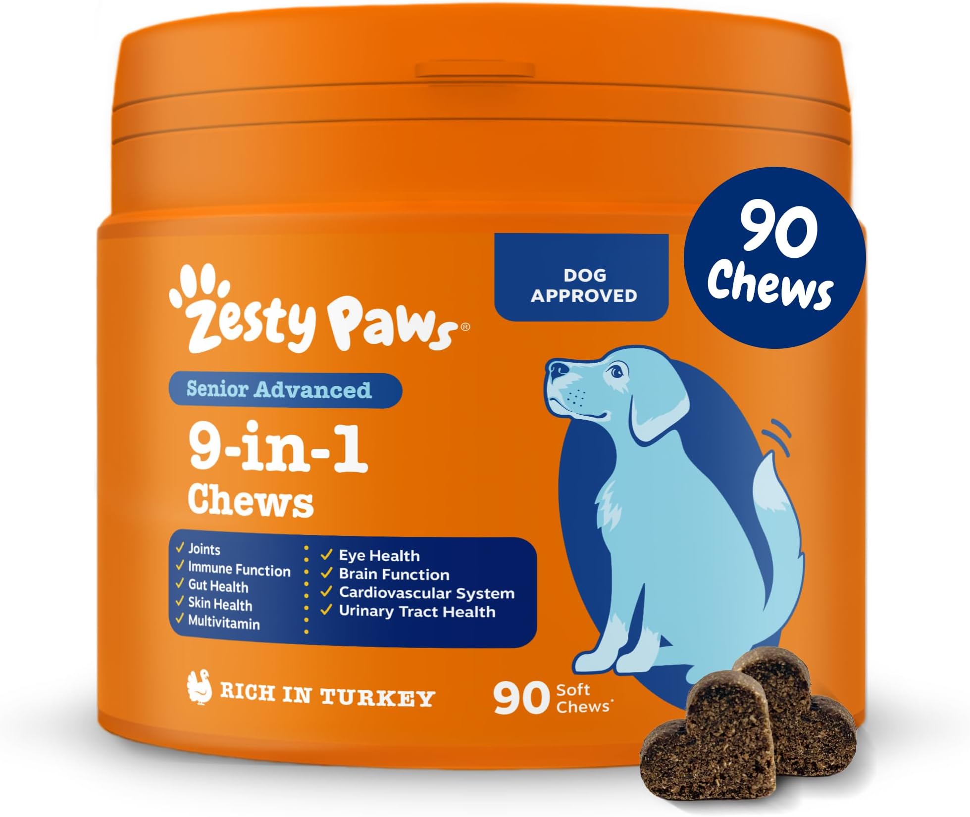 Zesty Paws 9 in 1 Multivitamins for Senior Dogs, Rich in Turkey, 90 Chews