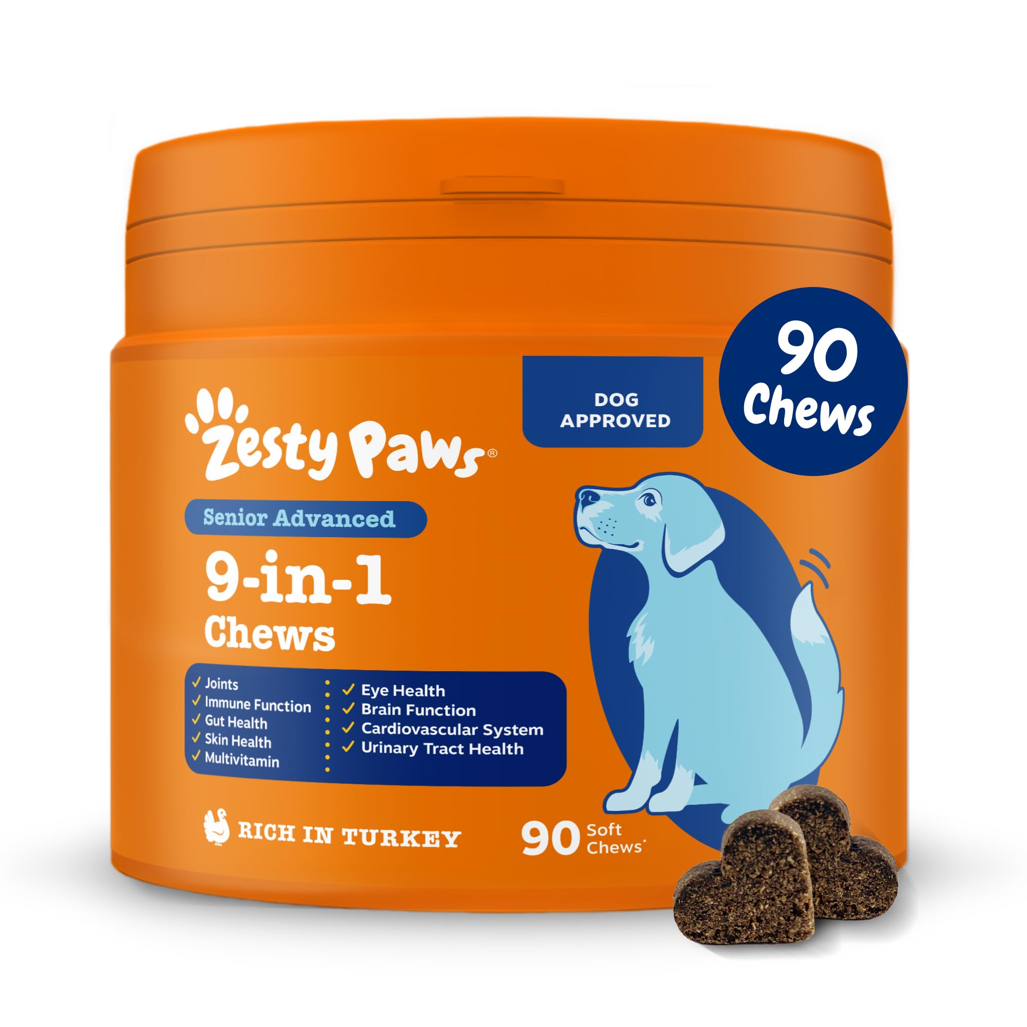 Zesty Paws 9 in 1 Multivitamins for Senior Dogs, Rich in Turkey, 90 Chews