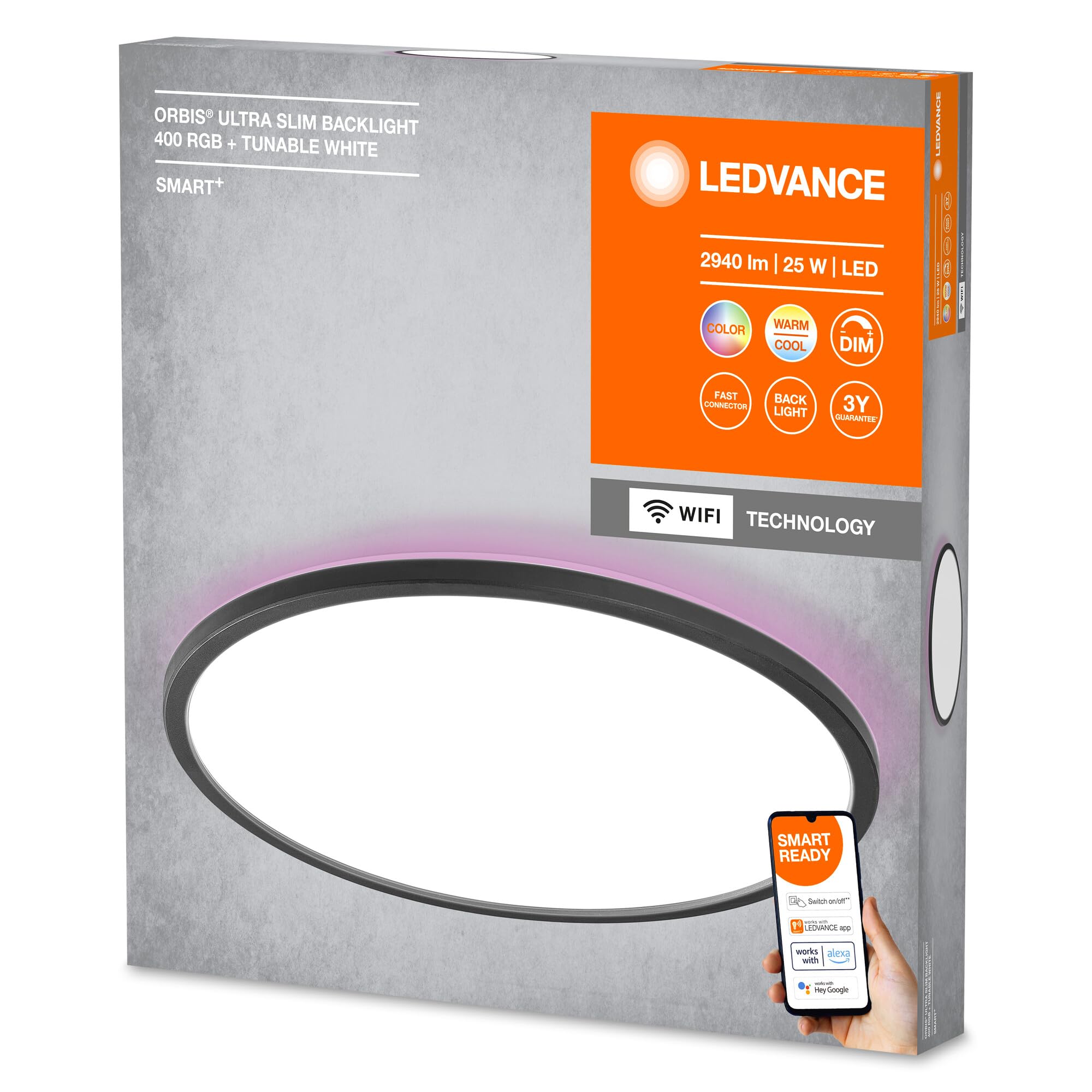 LEDVANCE SMART+ ORBIS WiFi-Panelleuchte, schwarz, 25W, 2940lm, 400mm, regulierbares Weißlicht (2700K-6500K), Rahmen mit RGB-Farblicht, dimmbar, steuerbar per App, kompatibel mit Amazon, Google und Co.
