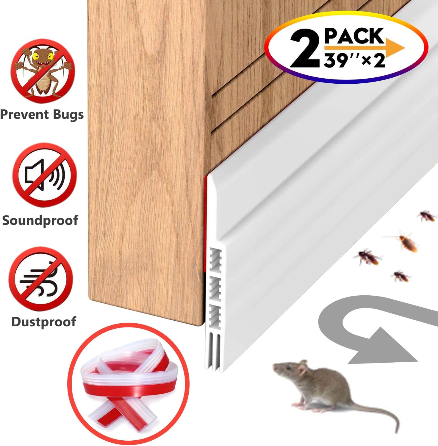 Door-Draft-Stopper-Bottom Door-Gap-Cover Idealcraft Door Seal Self-Adhesive Prevent Bugs Noise Stopper Shower Weatherproofing Strip Garage Soundproof Door Bottom Stripping 39 inches (2 Packs Clear)