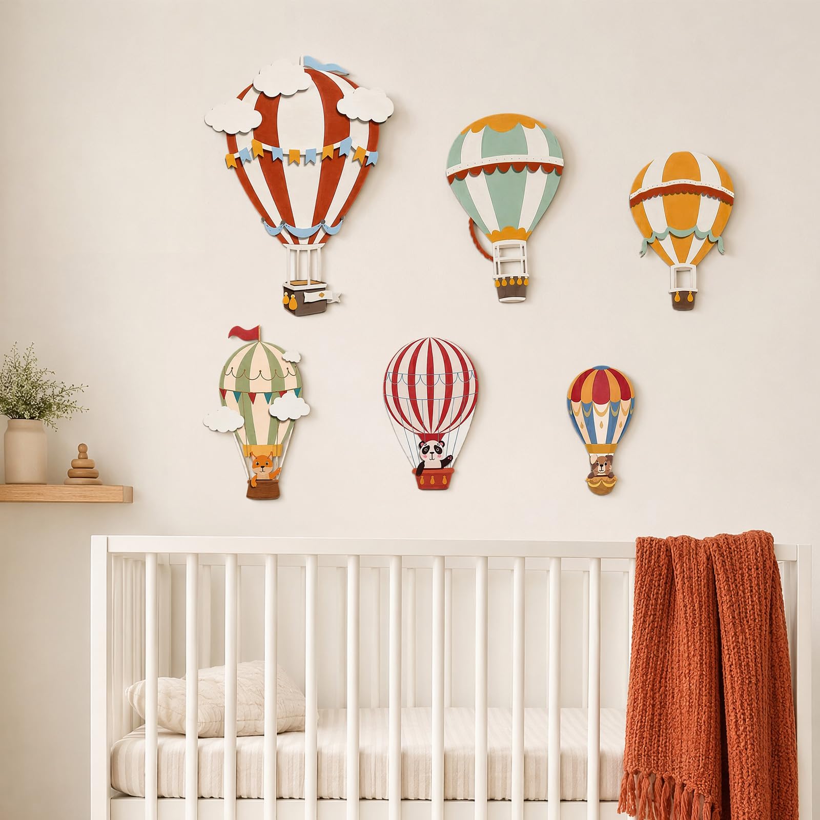 6Pcs Hot Air Balloon Nursery Decor,Wooden Wall Art Boho Hanging Decor