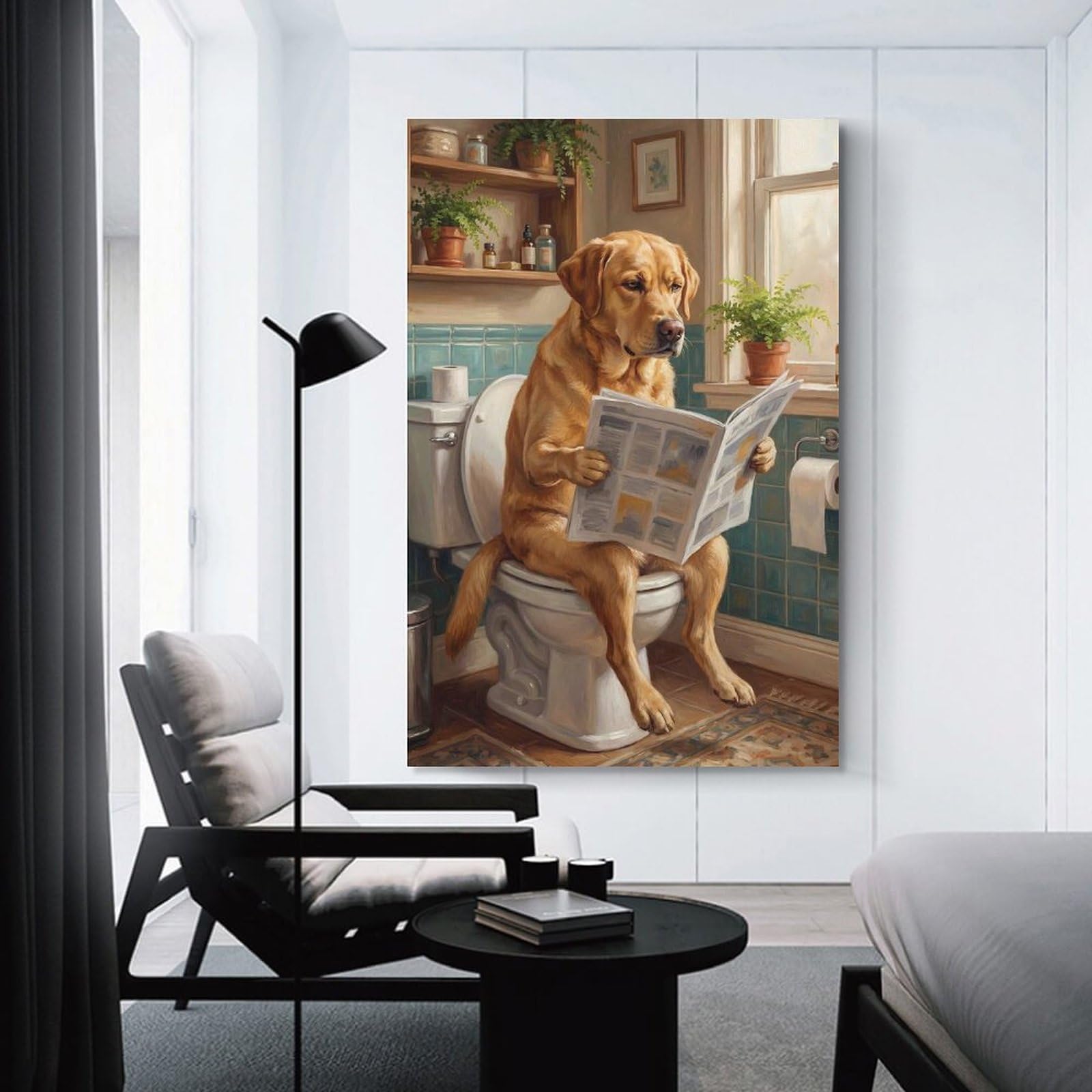 Junmoney Unframe-Style-23 Dog Reading Newspaper On Toilet Decorative Wall Artwork 24X36inch(60X90cm), For Corridors, Hallways Or Apartment Entries, Home Artwork For First Impressions