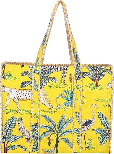 Image of Printed Travel Shopping Carry 100% Cotton Shoulder Tote Bag Women Reversible BohoGrocery Bags Stylish Quilted Tote Bag, Yellow