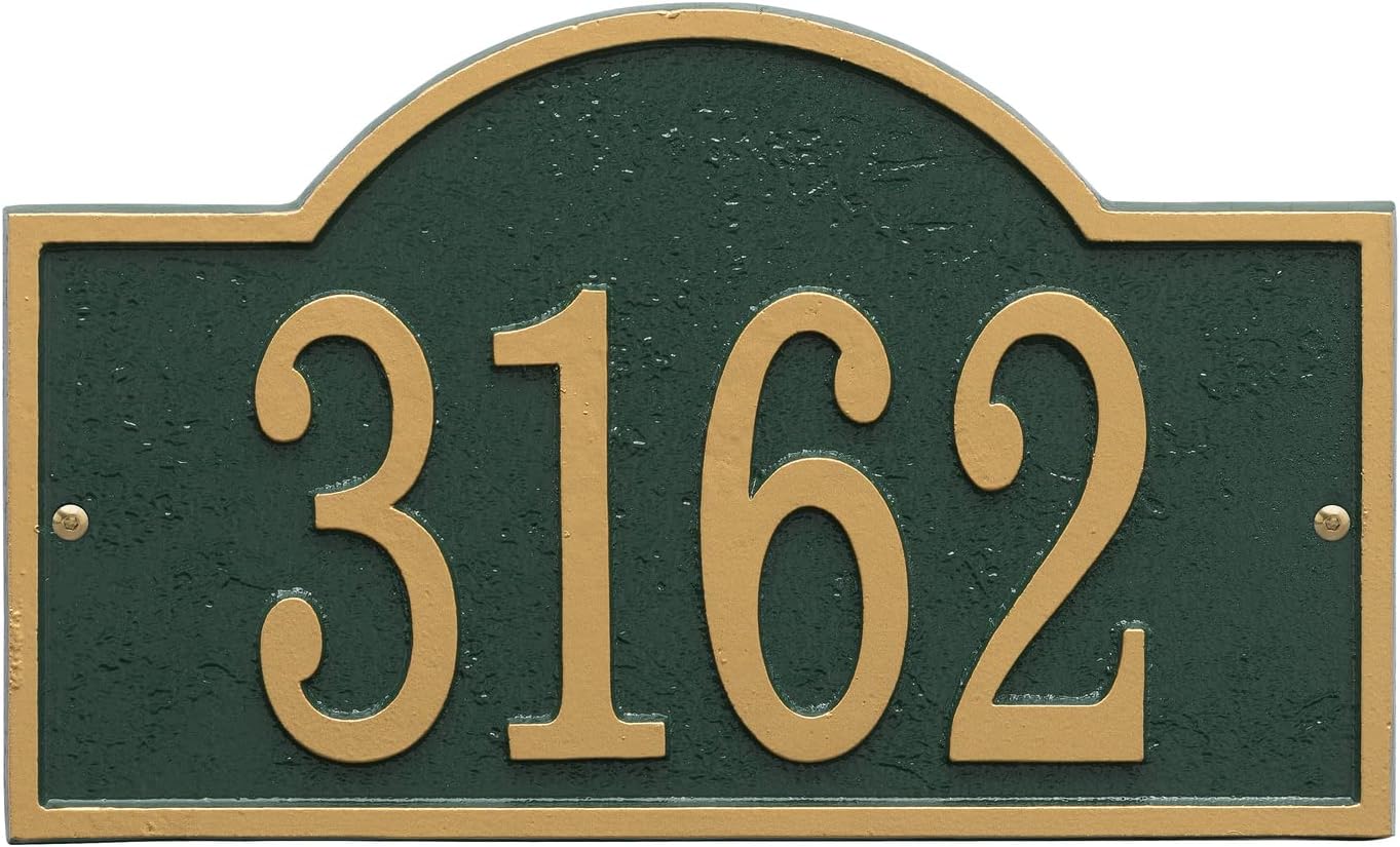 Whitehall Personalized Cast Metal Address Plaque - USA Made Custom House Number Sign - Arched Rectangle (12" x 7.25") - Black with Gold Numbers
