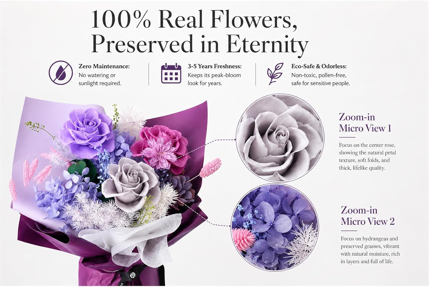 Preserved Flowers Bouquet, 100% Real Eternal Rose Floral Arrangement with Gift Box. Long Lasting Everlasting Flowers for Home Decor, Birthday Mother's Day for Women, Purple