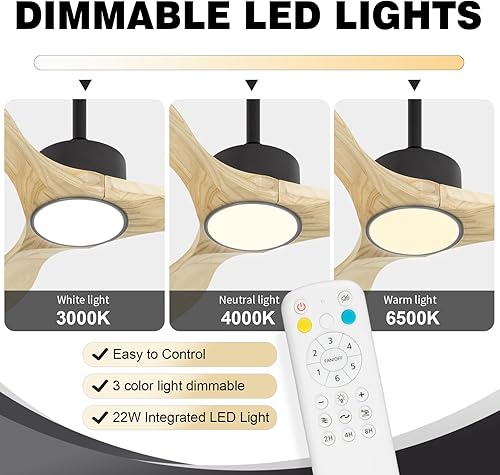 Miniatura 3 de Ventiladores de techo de 52 pulgadas con luces y control remoto, 3 aspas de madera natural, moderno ventilador de techo para interiores y