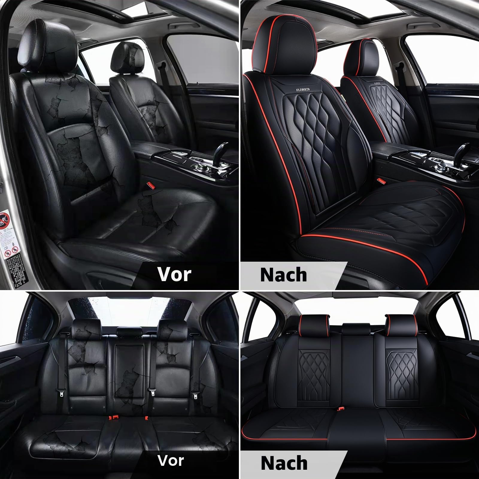 FLORICH Autositzbezüge, Vordersitzbezüge, wasserdicht, Leder, universal, passend für die meisten Autos, SUVs, LKWs (Schwarze Sitzbezüge mit roter Nähte, 2 Vordersitze)