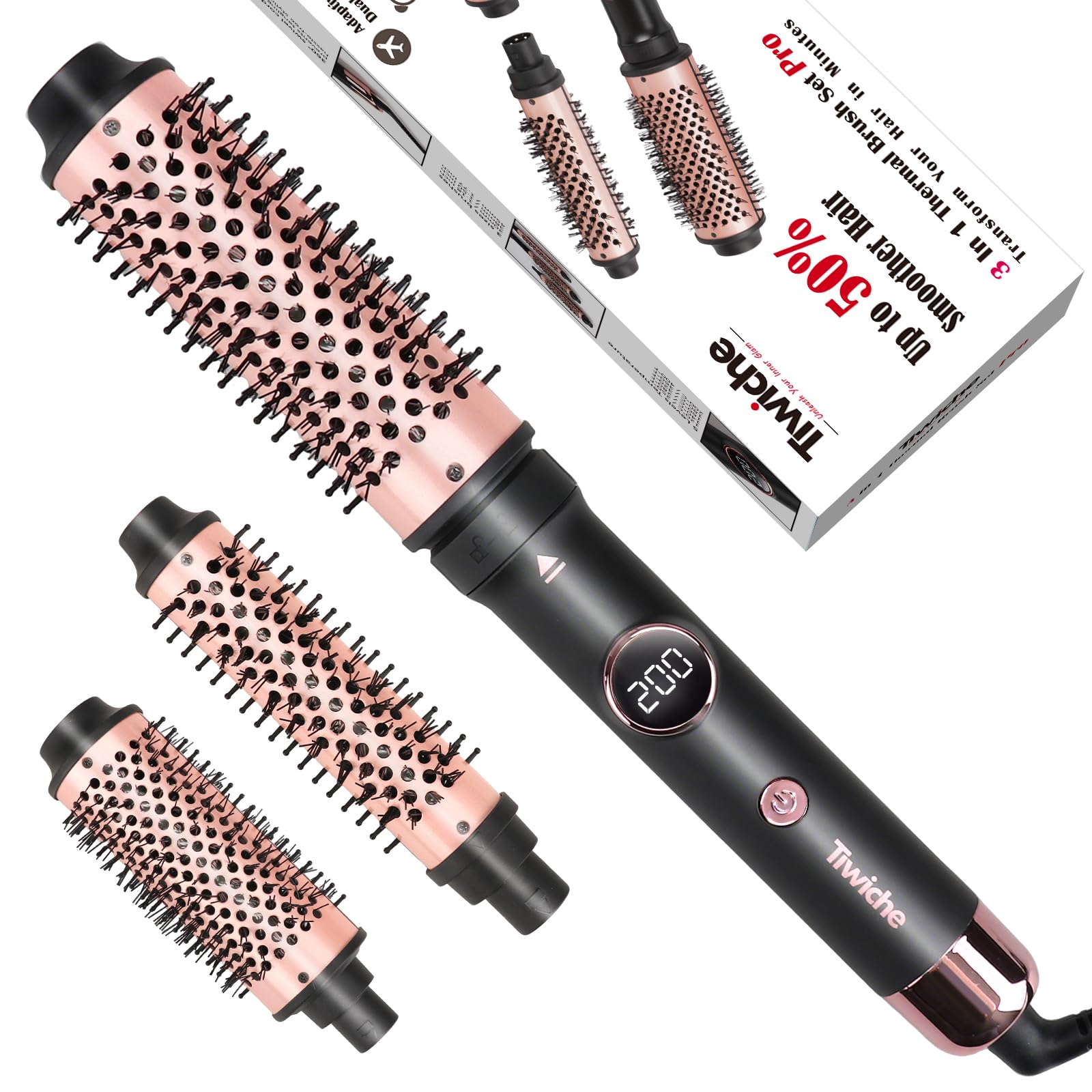 Tiwiche Thermal Brush Set, 3-in-1 Thermobürste Heizrunde Bürste mit Verstellbarer Temperatur, Lockenstabbürste, Dual-Spannung, Thermische Stylingbürste mit Wechselbaren Zylindern (30/38/45mm)