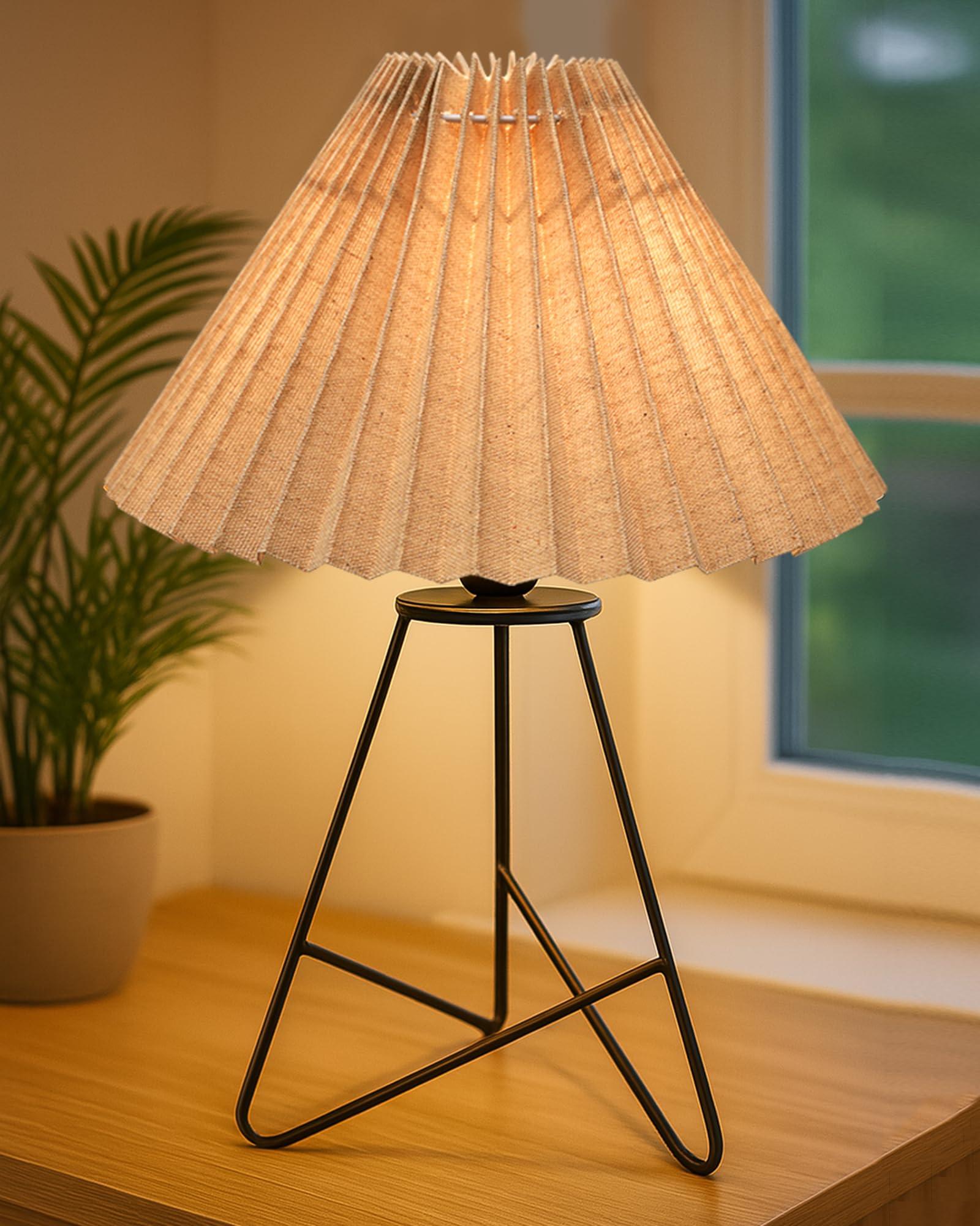 Homesake® Retro Matt Black Table Lamp | Iron Tripod Base, E27 Bulb Holder | Lamps for Bedroom, Bedside, Living Room, Study, Desk, Warm Night Lamp, Light, Gift, Pleated Fabric, (Khadi)