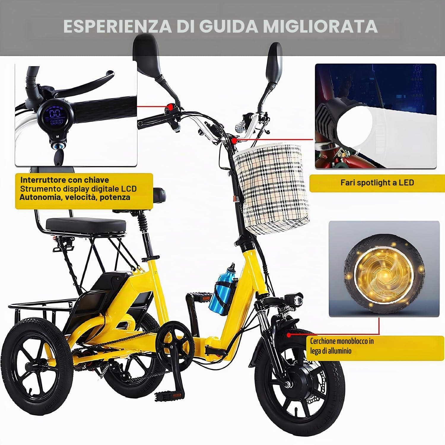 Triciclo Elettrico Pieghevole per Adulti a 3 Ruote, Bici Elettrica con Presa di Ricarica e Supporto Phone – Batteria 48V 10.4Ah, 11–20 km/h, Ruote 14", Portata 180KG,Ideale per Città e Spesa Yellow