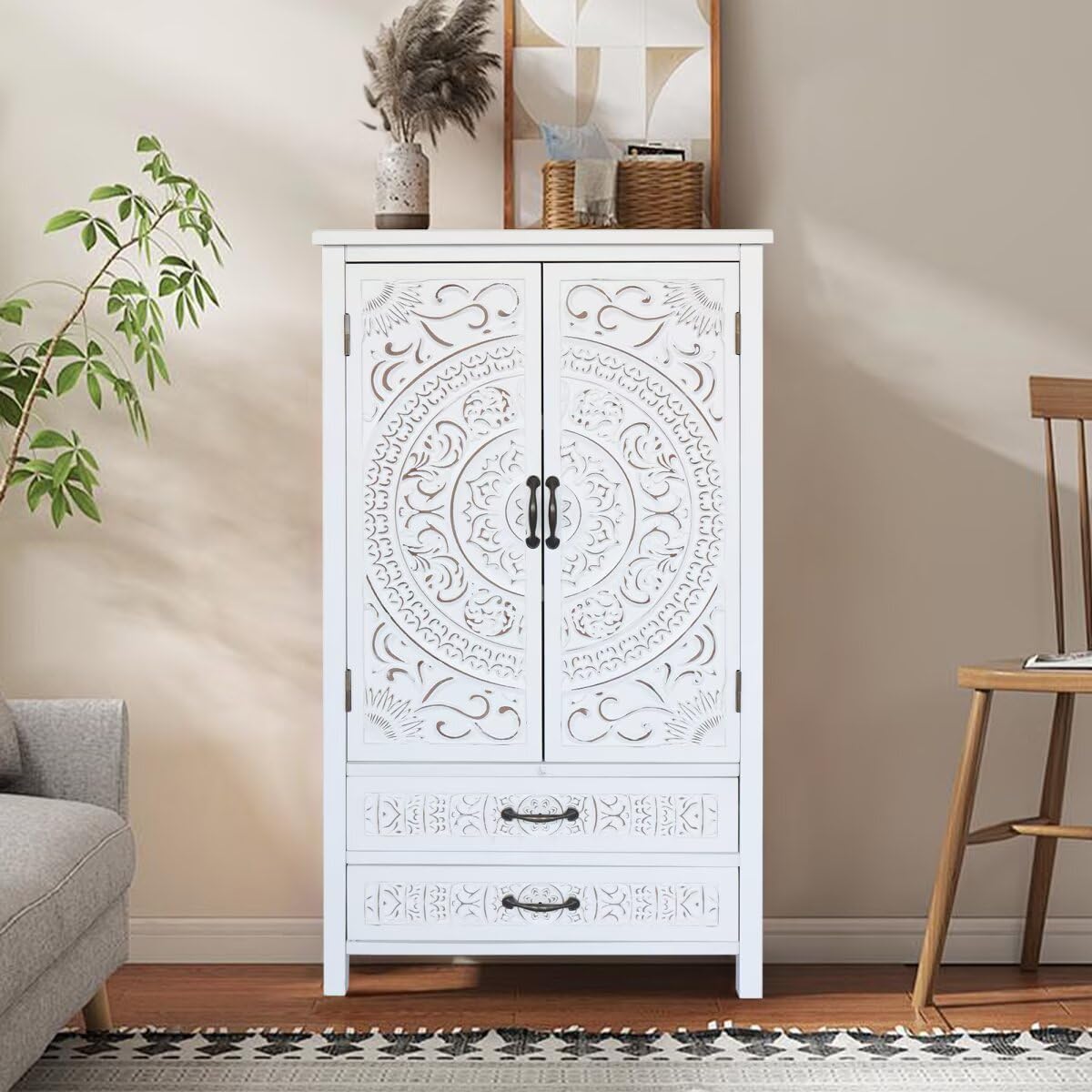 27'' Accent Tall Tower White Storage Cabinet - Rustic Wood Sideboard Pantry Cabinet with Storage for Home Decor and Organization Chic Cabinets with Two Doors and Two Drawers