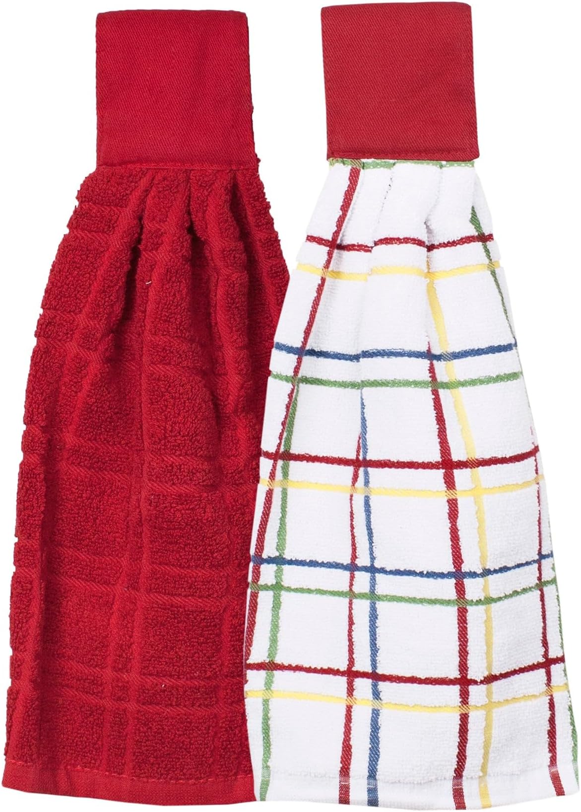 Premium 100% Cotton Solid and Multi Check Kitchen Tie Towel, Absorbent, Super Soft, and Fast Drying Hang Towel, Set of Two, Paprika Red