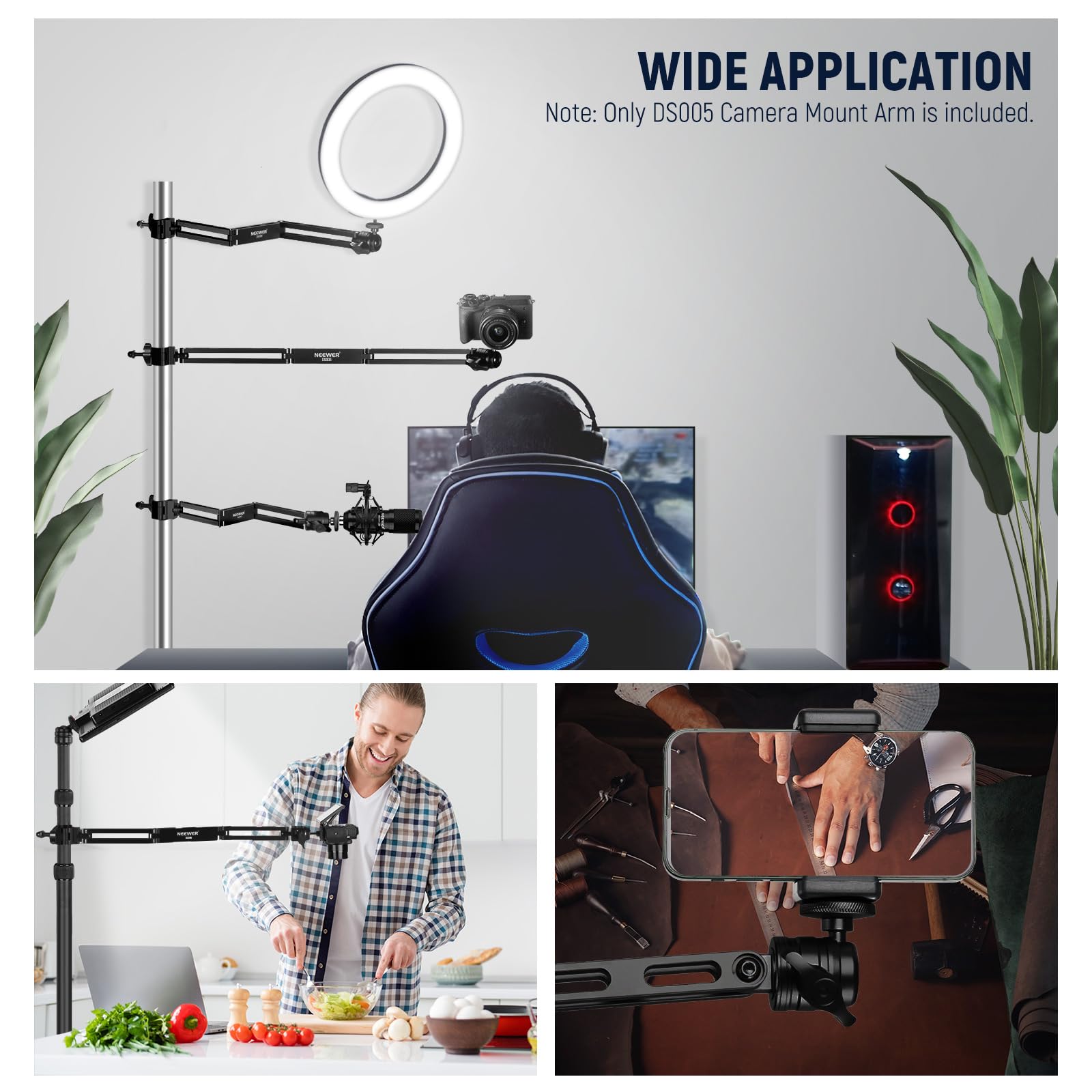 NEEWER Bras de Montage de Caméra Aérienne, 23"/58,5cm Extensible Articulé à 3 Volets avec Vis à Tête Sphérique pour Support de Bureau Webcam Microphone Annulaire LED, Max.3,3lb/1,5kg, DS005(Noir)