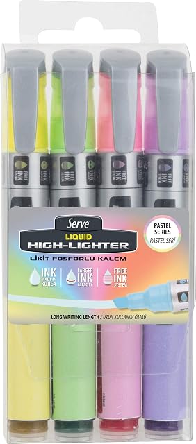 SERVE LIQUID PASTEL INK HIGHLIGHTER, 4 PCS PET POUCH (PASTEL YELLOW, PASTEL GREEN, PASTEL PINK, PASTEL PURPLE)