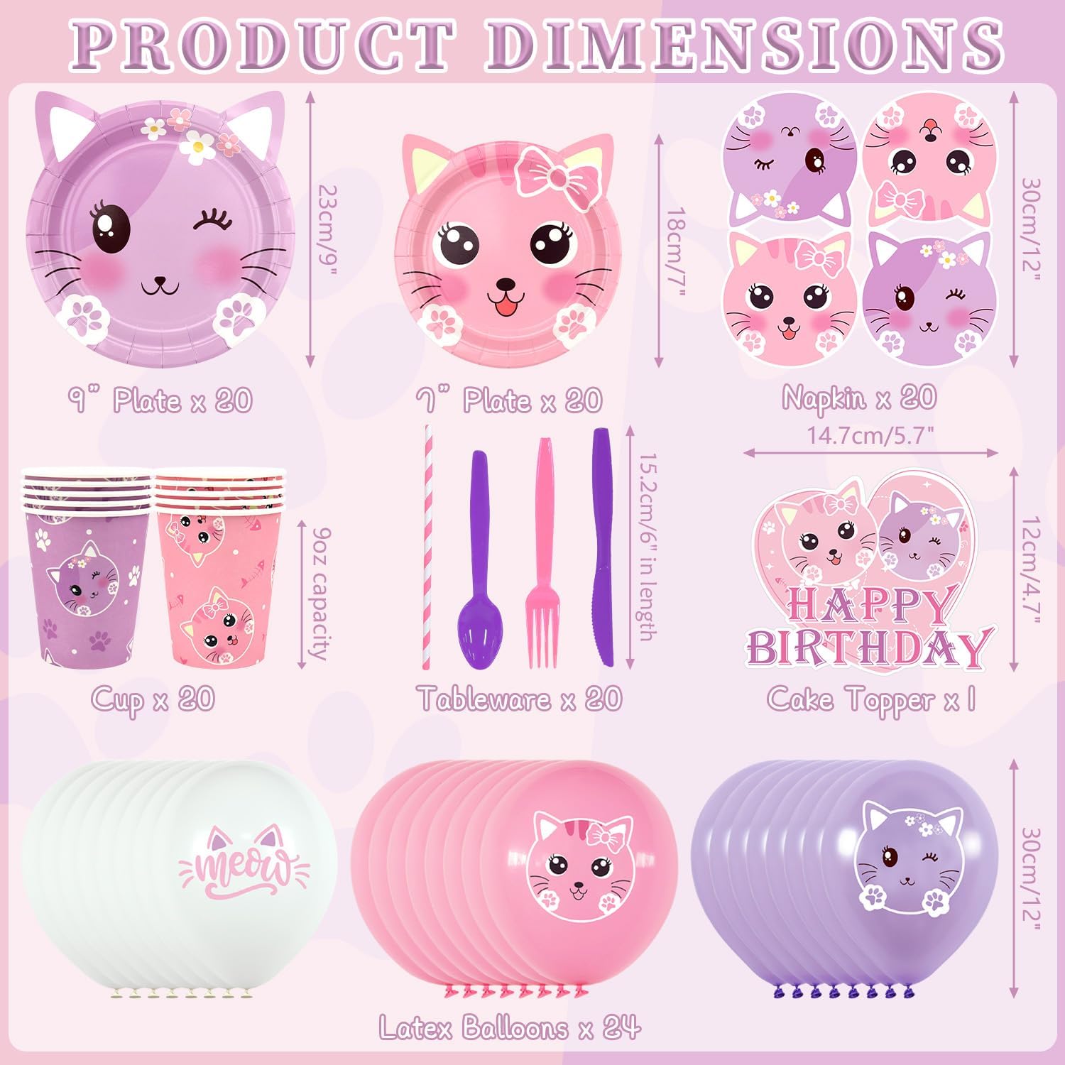 Cat Birthday Party Supplies Set, Kitten Tableware Includes Happy Birthday Banner, Plates, Tablecloth, Cups, Balloon, Spoons and Straws for Kids Cat Party Decorations, Serves 20 Guest (A)