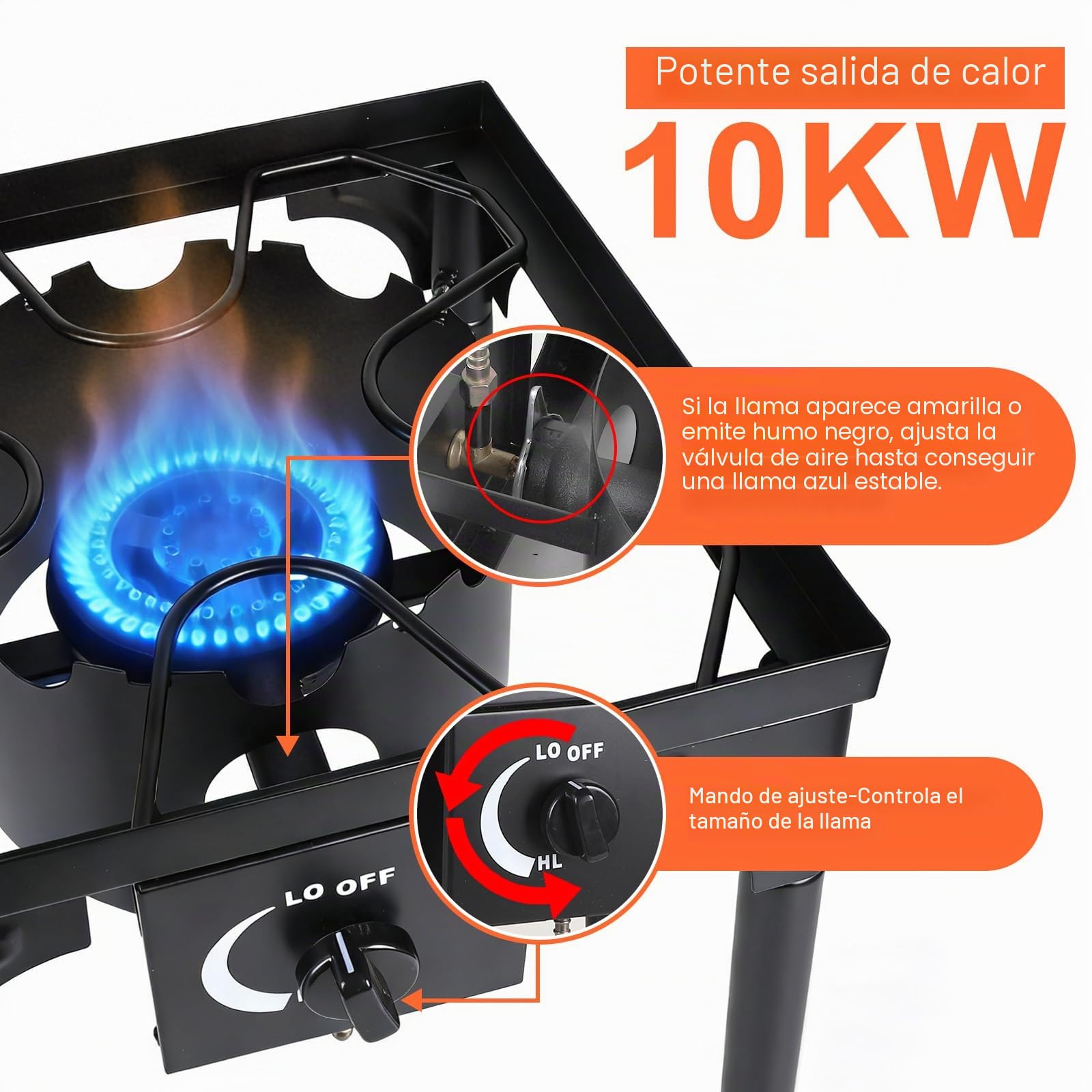 CPROSP Hornillo de Gas Hierro Fundido 10kw, 40×40×76cm, Quemador Gas Butano con 1,5m Manguera y Regulador Presión 50mbar, Cocina Gas Camping para Outdoor Acampada