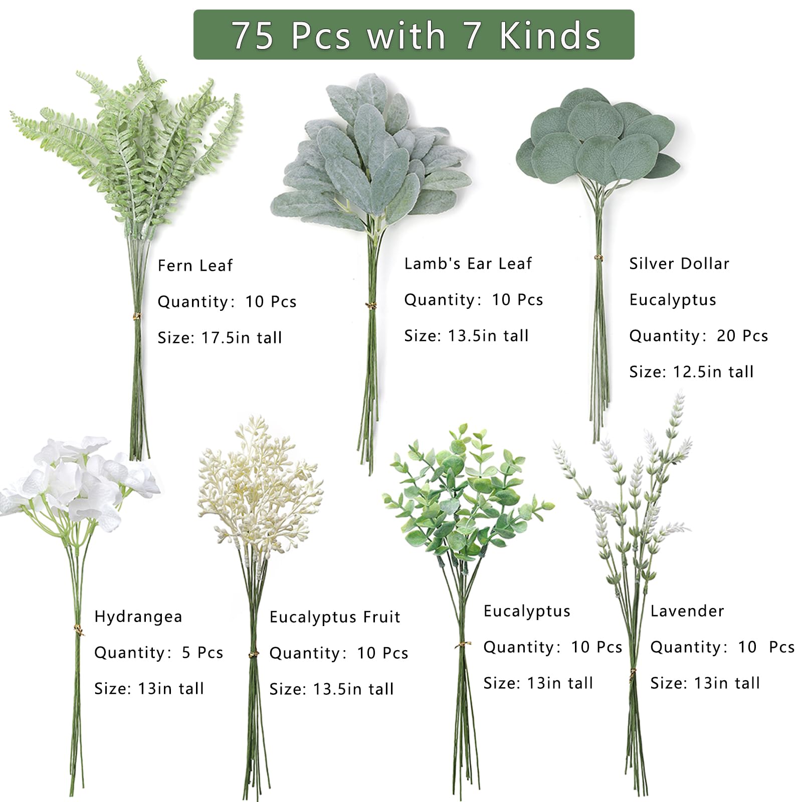 YXZZWL Artificial Greenery Stems Box Set,75 Pcs with 7 Kinds of Faux Greenery Branches Fake Eucalyptus for Wedding DIY Bouquets Floral Arrangement Table Centerpieces (Dusty Green & Beige)