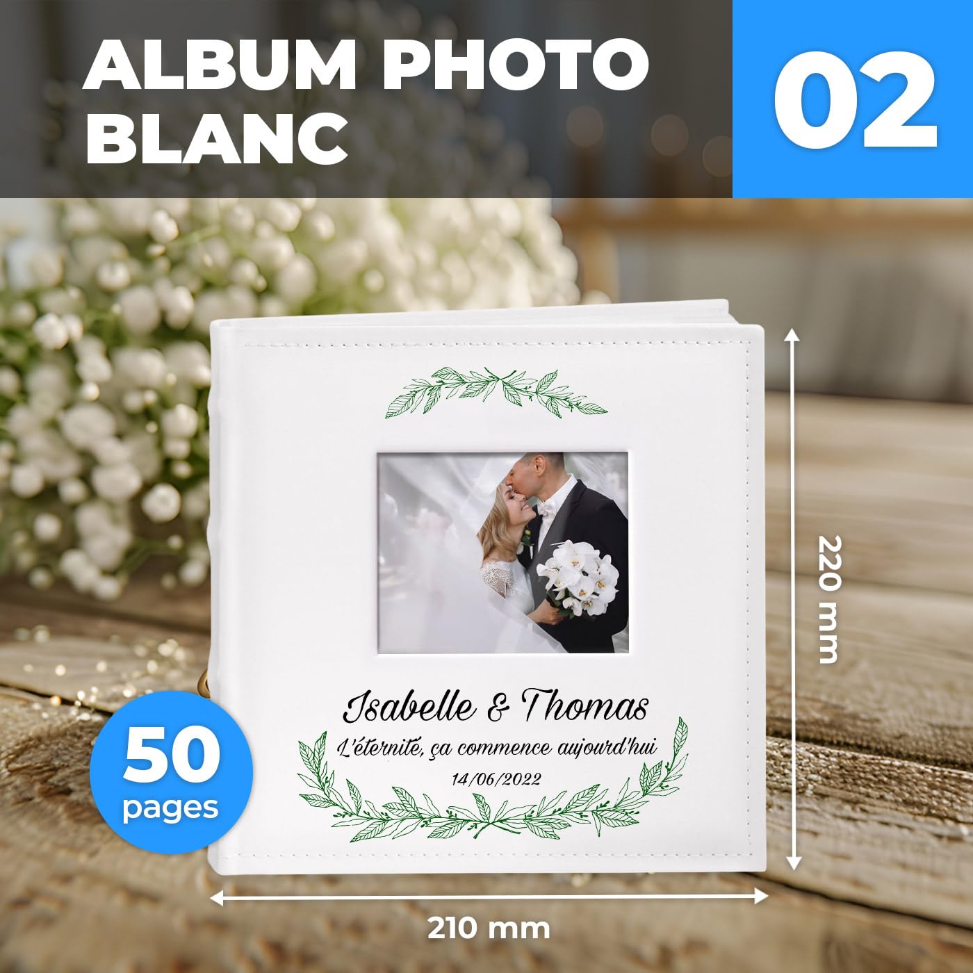 Maverton Album photos à pochettes - Album Photo personnalisé avec une poche ouvrable sur la couverture - Cadeau mariage - Cadeau personnalisé - Livre photo pour mariage - Cadeau Noel - éternité