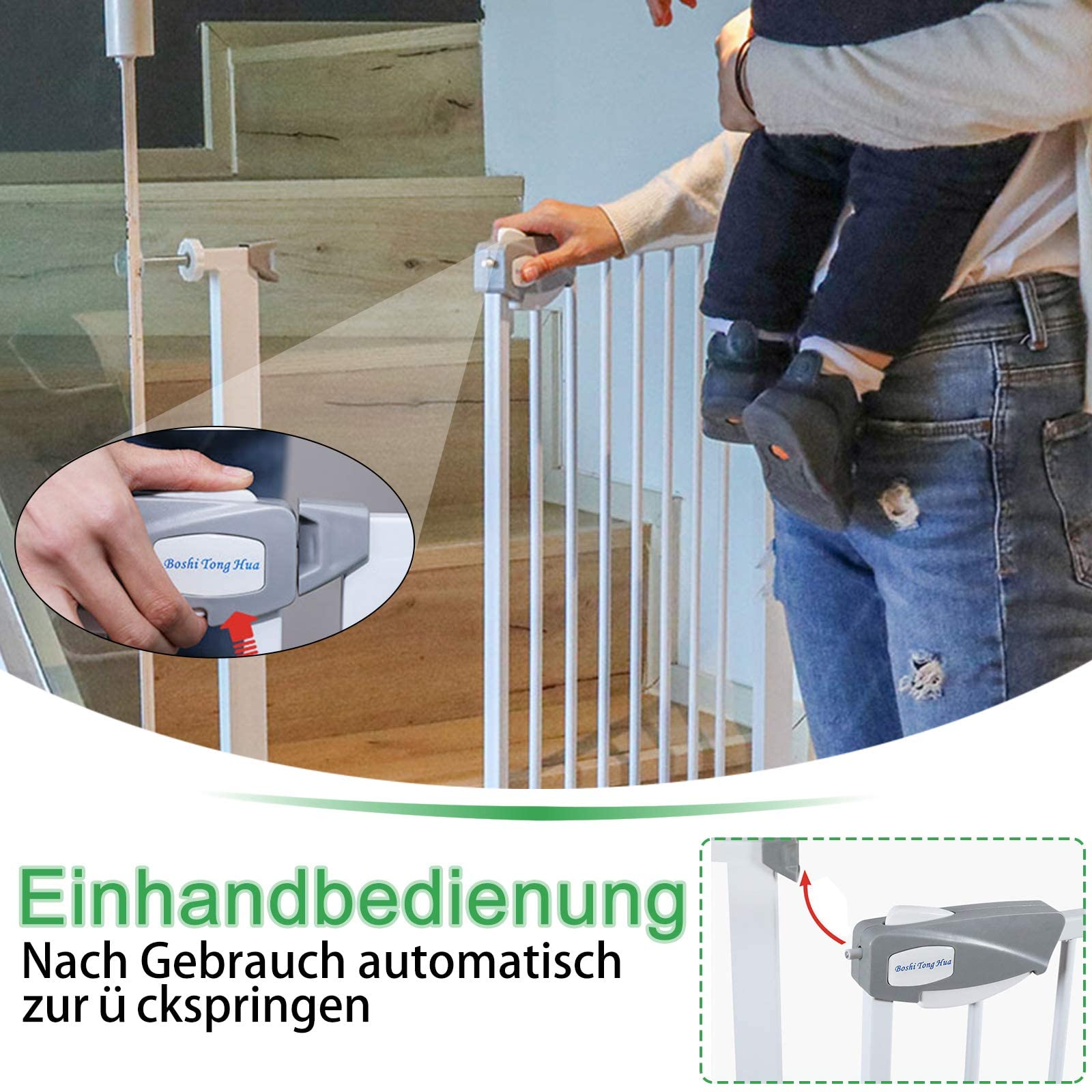 FIVMEN Barrera de Seguridad de Niños Puerta de Seguridad para Puertas y Escaleras Sin Perforación con Cierre Automático Barandilla Escalera para Perros y Bebés 85-95cm (Blanco)