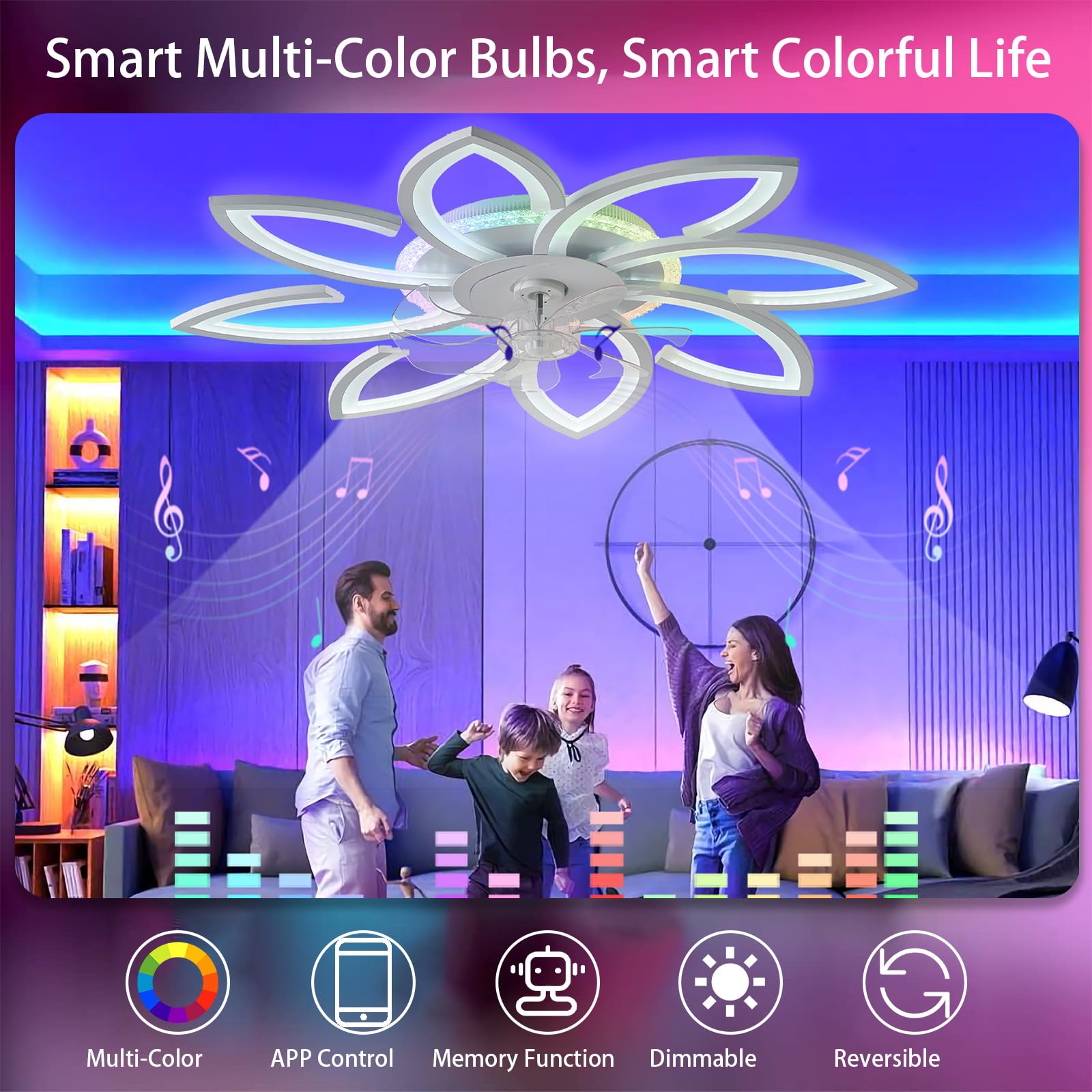 RGB Deckenlampe mit Ventilator und Fernbedienung Leise Reversibel Deckenventilator mit Beleuchtung Dimmbar 6 Gang DC Smart Deckenleuchte mit Ventilator Weiß 7 BläTter für Wohnzimmer-87cm