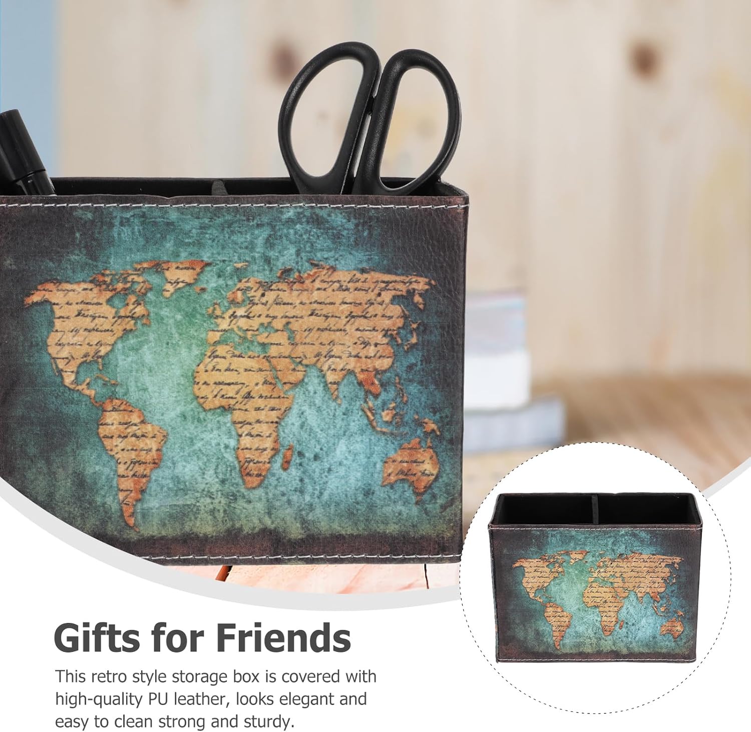 TEHAUX Pen Holder, World Map PU Leather Desktop Pen Holder Pencil Holder for Desk Vintage Pen Pencil Holder Cup Pen Organizer Makeup Brush Holder Stationery Organizer for Office School Home