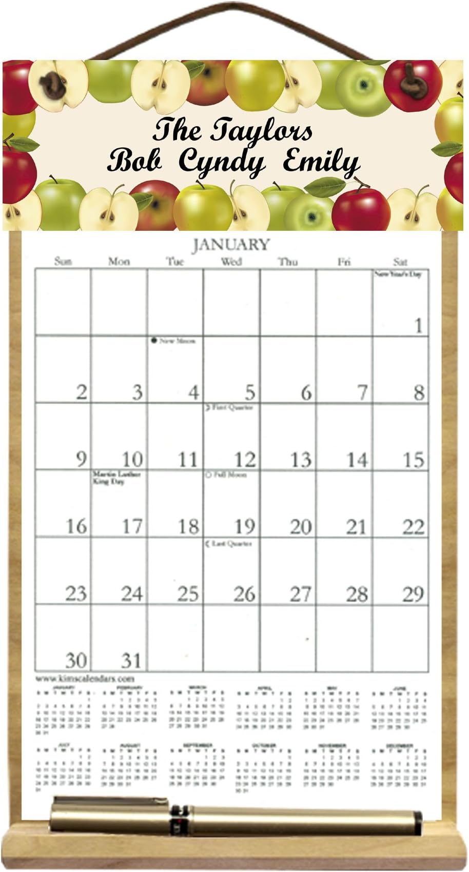 Personalized Small 7" x 12" Wooden Refillable Calendar Holder Filled with a 2026 Calendar and Includes an Order Form Page for 2027-Apples