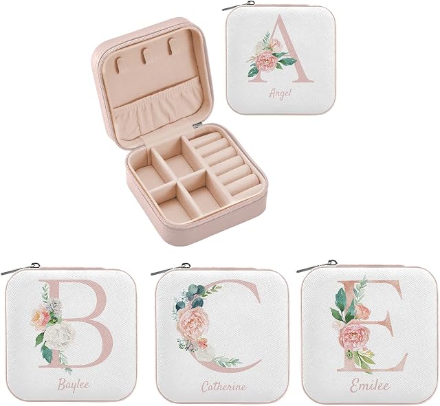 Moyyo Bridesmaid Gift Personalized Travel Jewelry Box Organizer Custom Name Case Leather Small Boxes for Women Girls Storage Holder Earring Ring Necklace, One Size