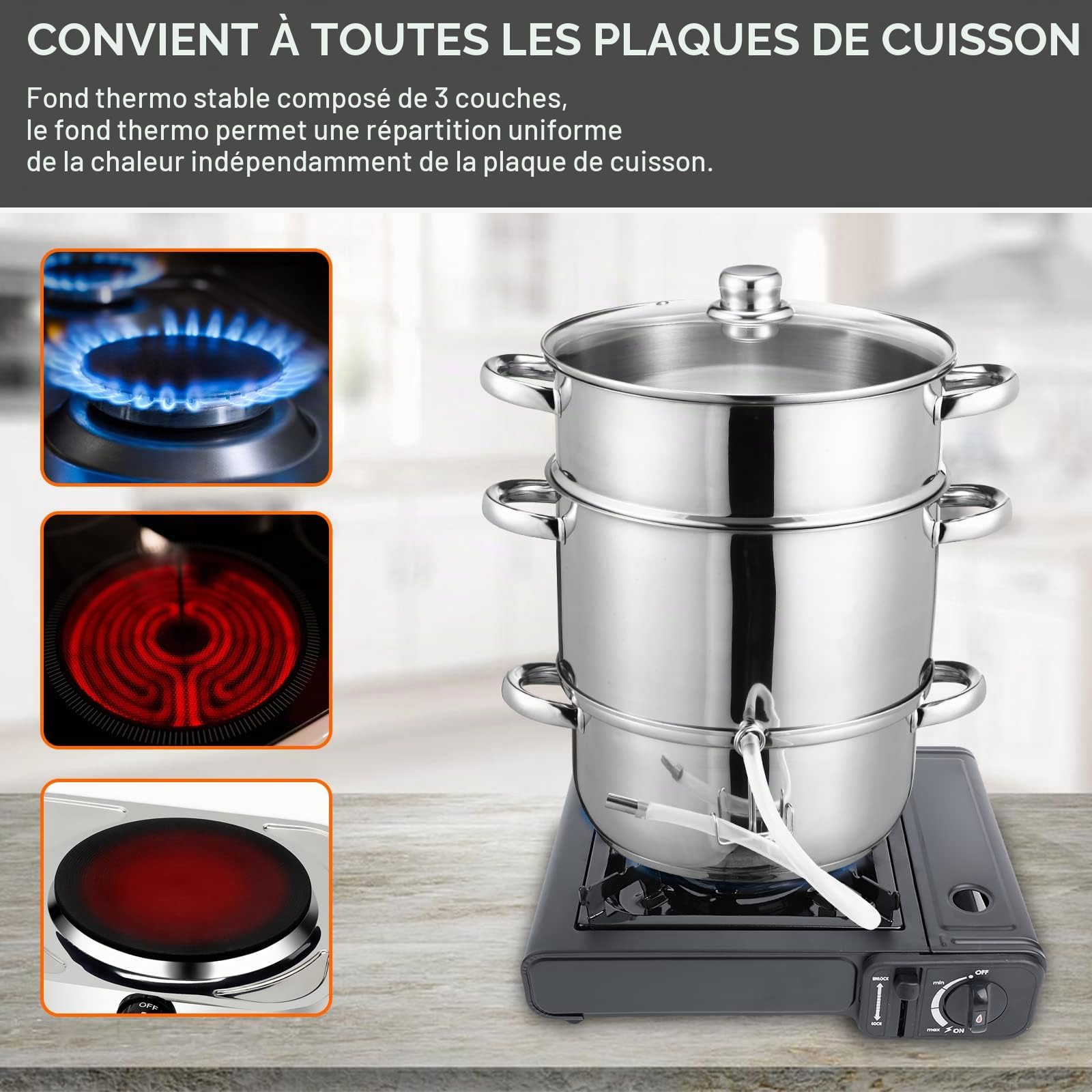 Extracteur de jus vapeur en acier inoxydable Ø26 / 16L avec 4 bouteille, compatible avec tous les appareils de cuisson, y compris l'induction