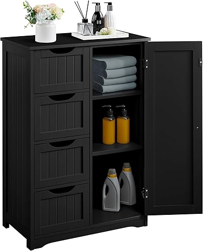 Yaheetech Armario organizador de madera para el suelo del baño/lateral con 4 cajones y 1 armario, unidad de almacenamiento de entrada independiente,