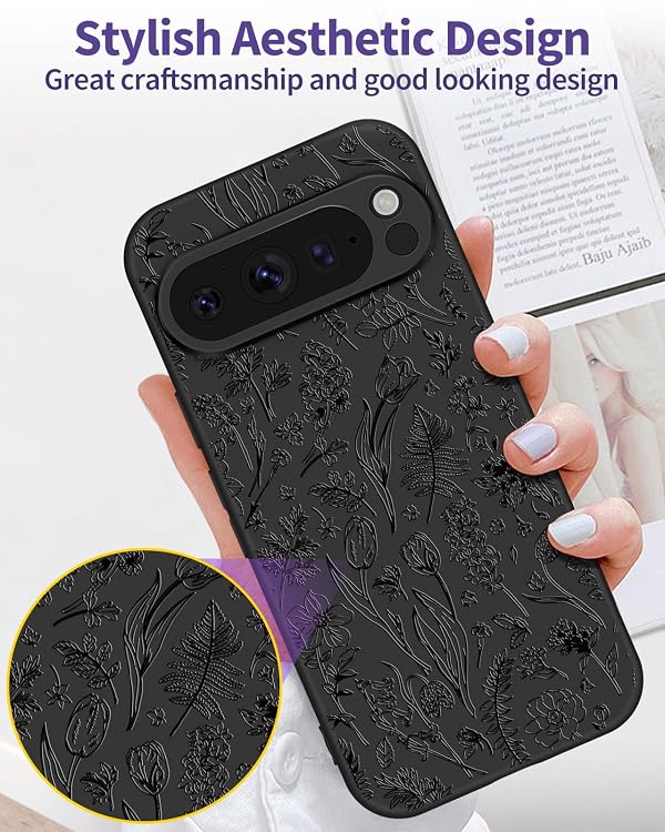 Toycamp for Google Pixel 9 Pro XL Case - 6.8 Inch Women Girls Flower Floral Cute Phone Cover Black Frosted Slim Fit Design Soft TPU Shockproof Protective Girly Pretty Fashion for Google 9 Pro XL Case by Toycamp - Used condition - Image 4