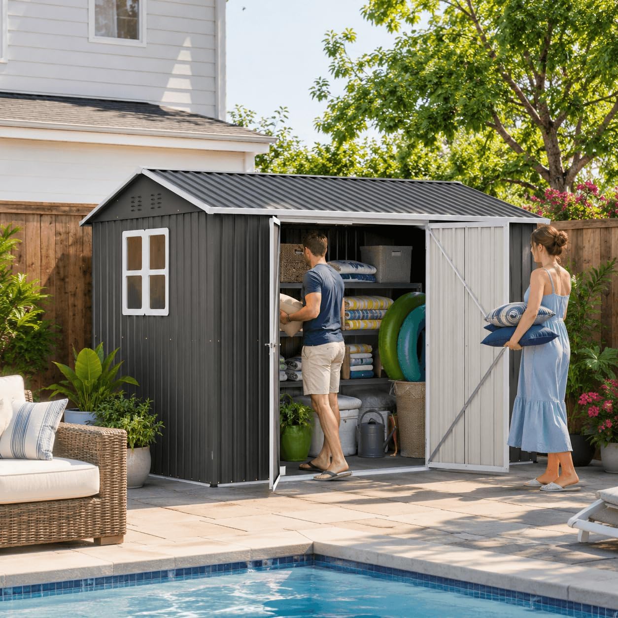 10x8 FT Outdoor Storage Shed, Galvanized Steel Metal Garden Shed with Window, Lockable Double Doors & Sloped Roof, Backyard Storage for Patio, Lawn, Bikes and Tools (Dark, 10'x8')
