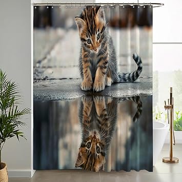Brown Fabric Shower Curtain, Cute Civet Cat Water Repellent Shower Curtain Set, Machine Washable, Puddle Reflection Polyester Cloth Bath Curtains Plastic Hooks for Bathroom, 72 X 84 Inch