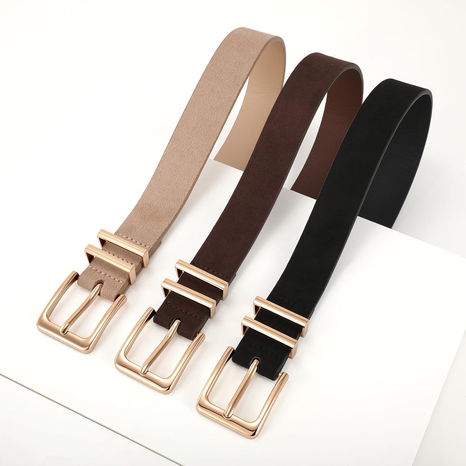 XZQTIVE 3 Pack Women Belts For Jeans Dresses Pants Ladies Leather Waist Belt with Gold Buckle