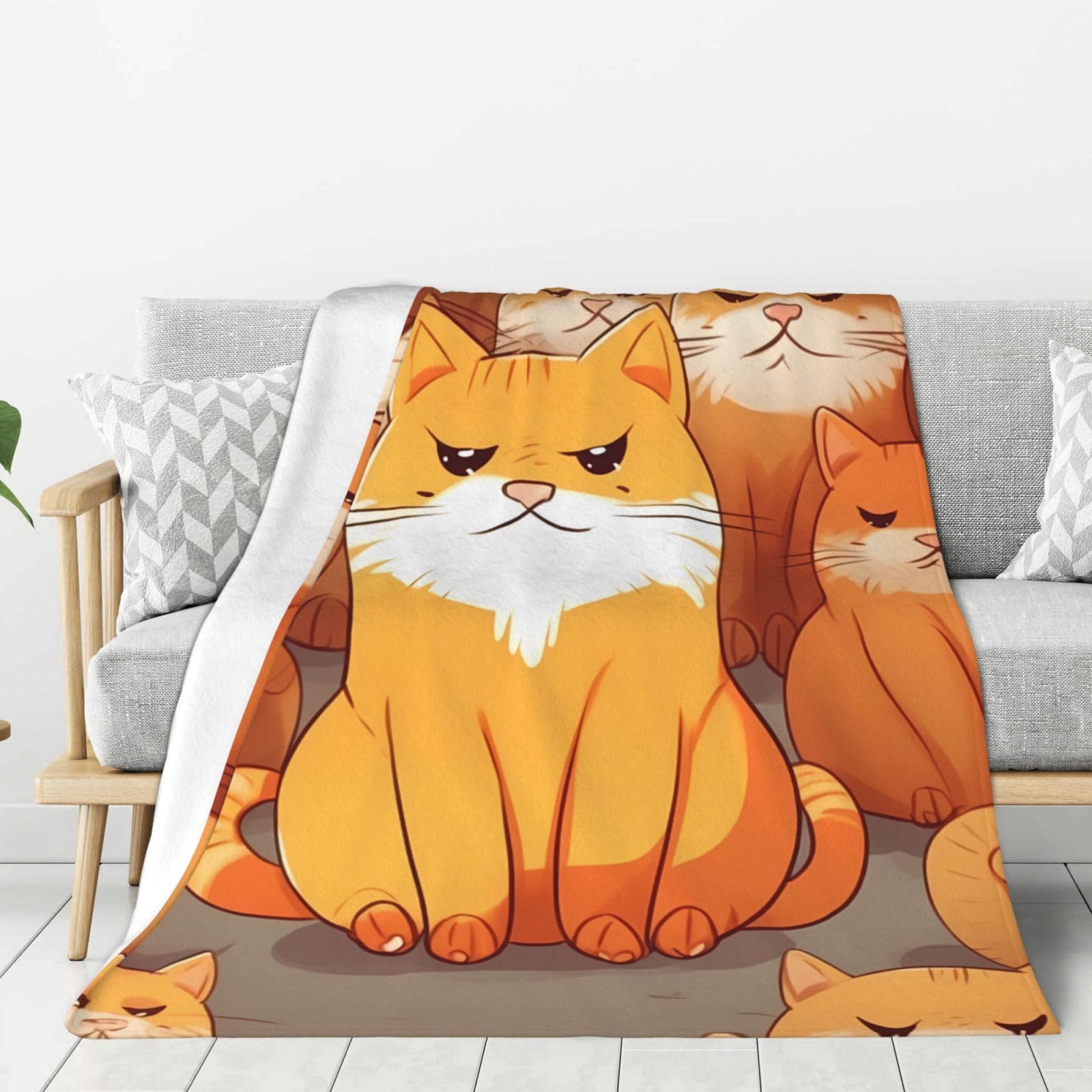 Couverture polaire douce toutes saisons motif chat orange pour lit de chambre et salon