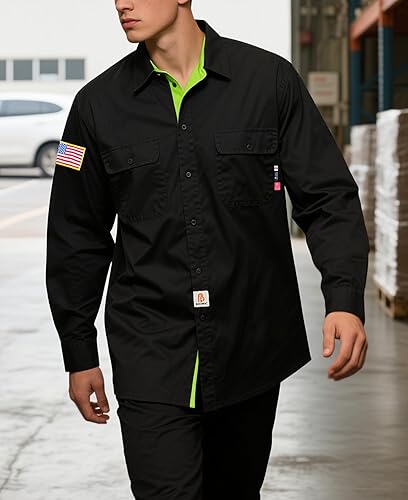 Miniatura 34 de BOCOMAL Camisas FR para hombre, resistentes al fuego, peso ligero, NFPA2112, camisa de soldadura ignífuga, acabado repelente al agua y al aceite