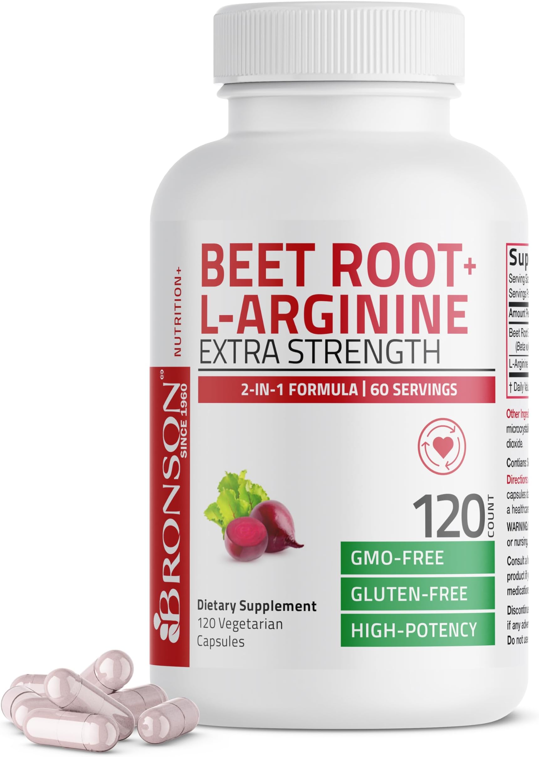 Bronson Beet Root + L-Arginine Nitric Oxide Production- Non-GMO, 120 Vegetarian Capsules