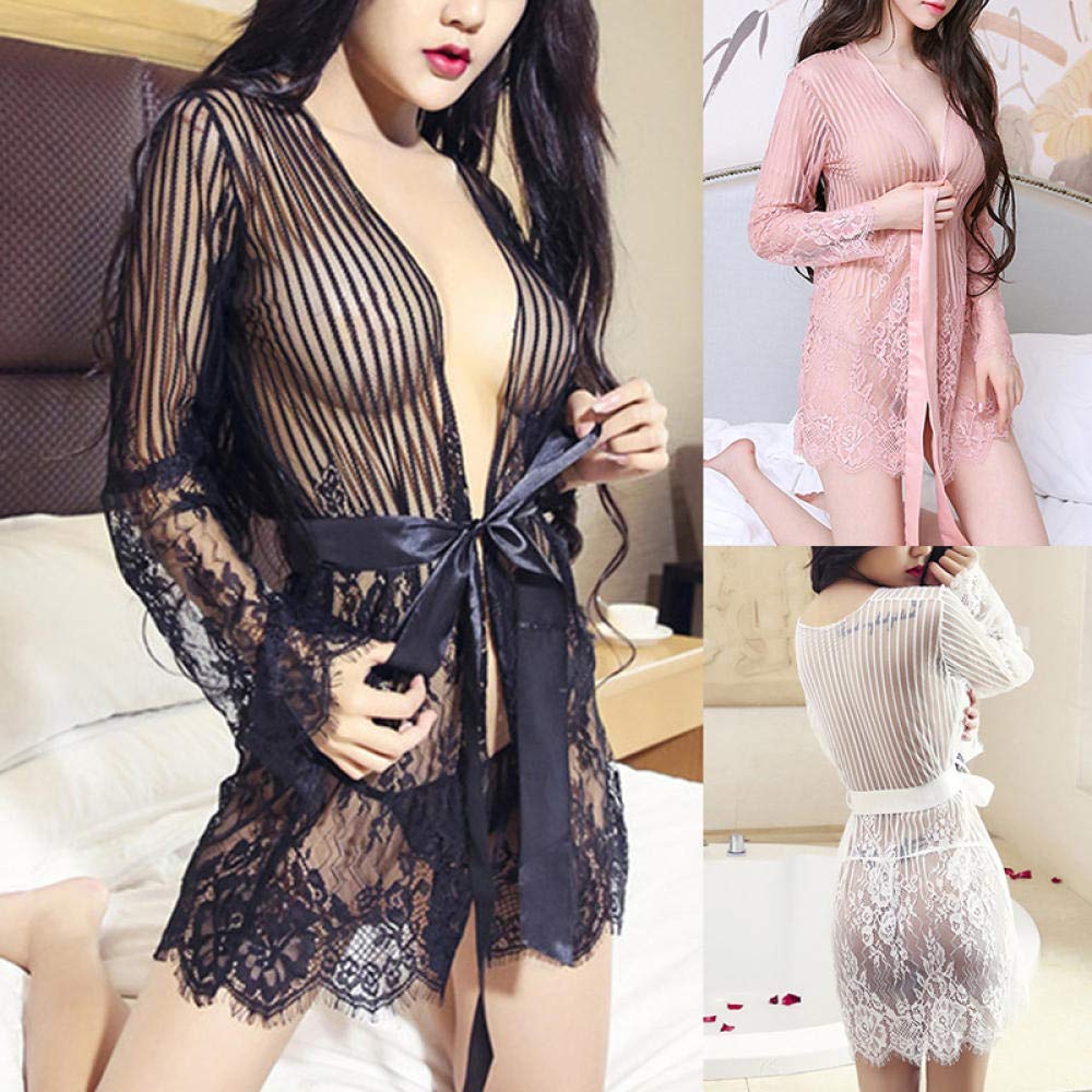 RWRAPS Set Lingerie da Donna Lingerie Sexy Abito da Notte Sexy Set Pigiama Sexy Trasparente a Righe in Rete di Pizzo (Nero Taglia Unica) (Nero Taglia Unica)