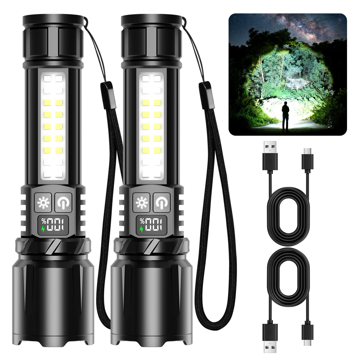 Shadowhawk 2 Pack LED Torch Rechargeable, Super Bright 2200LM Flashlight with COB Light - Compact & 7-Mode (Built-in Battery), Dual Switch & One-Click On/Off for Camping/Dog Walking/Emergency